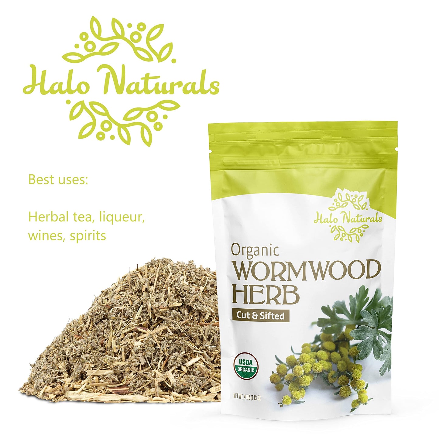 Halo Naturals Organic Wormwood Herb Cut & Sifted, 4 Ounces (Artemisia Absinthium) USDA Certified Wormwood Tea | Non-GMO | Vegan| Resealable Pouch|