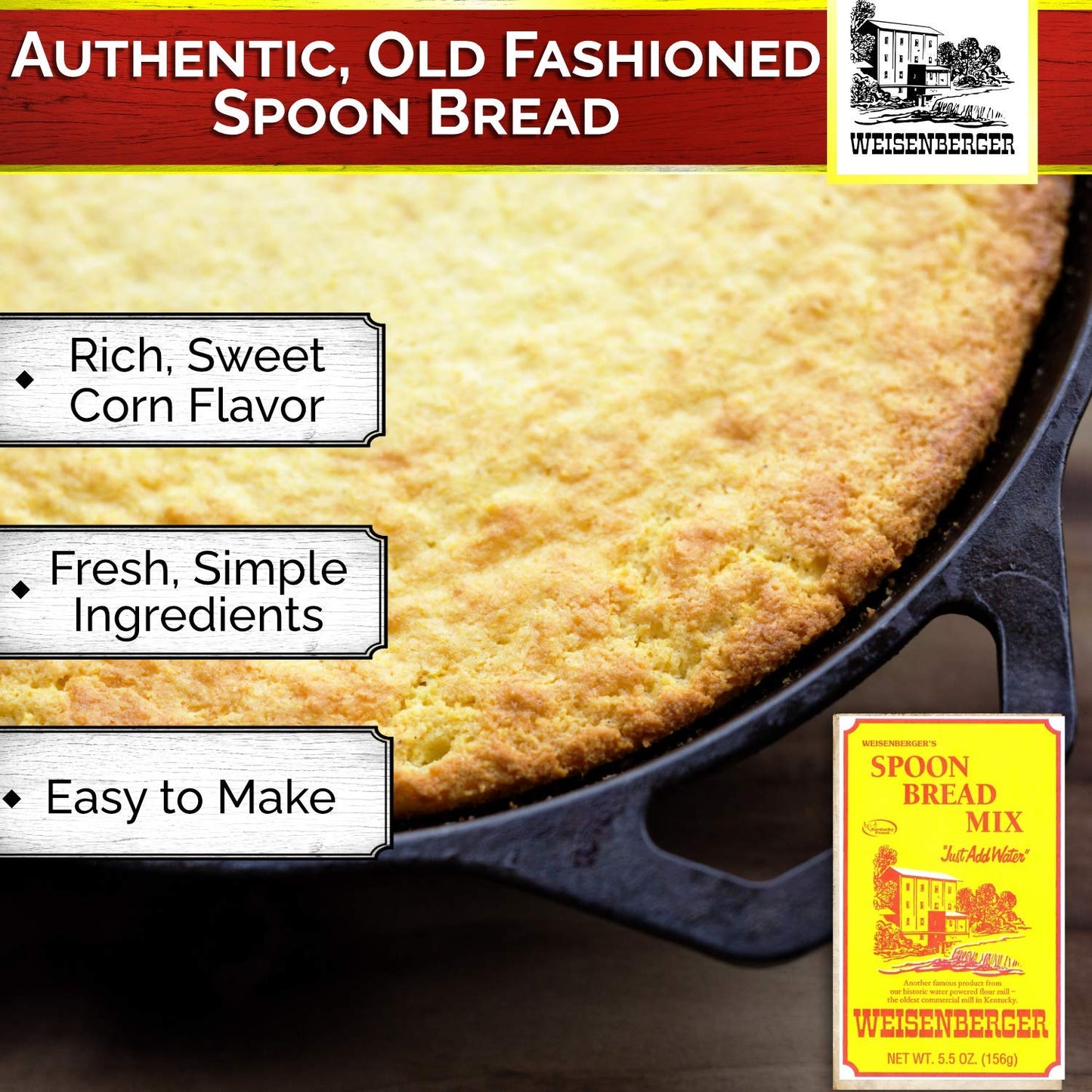 Weisenberger Spoon Bread Mix - Authentic, Old Fashioned, Southern Style Corn Bread Mix - Made From Non GMO Cornmeal - Traditional Cast Iron Spoonbread, Cornbread Muffin Mix - 5.5 Oz