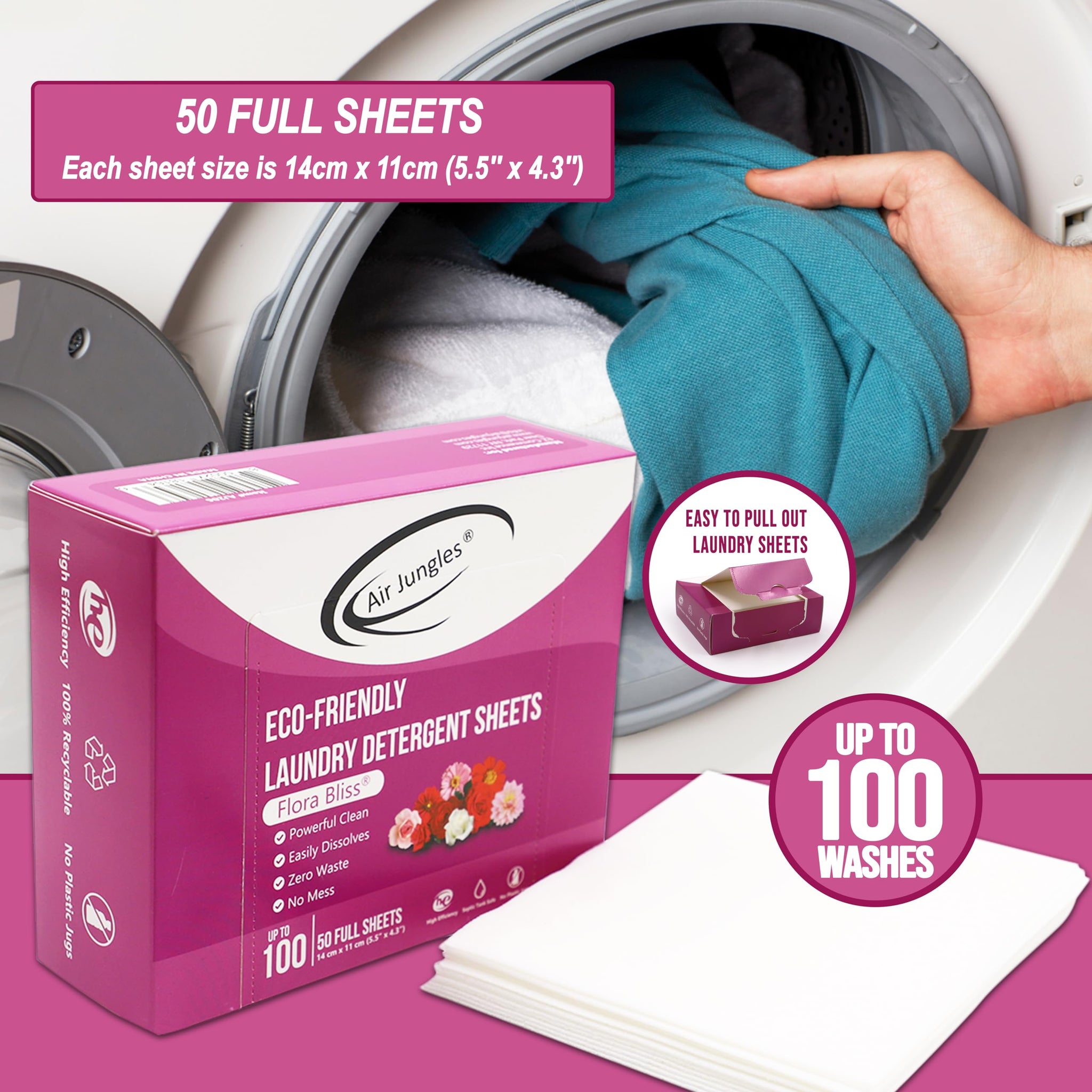 Air Jungles Laundry Detergent Sheets 100 Loads, Flora Bliss Scent, Easy to Use, Zero Waste Solution, Lightweight, Powerful Cleaning, Ideal for Home