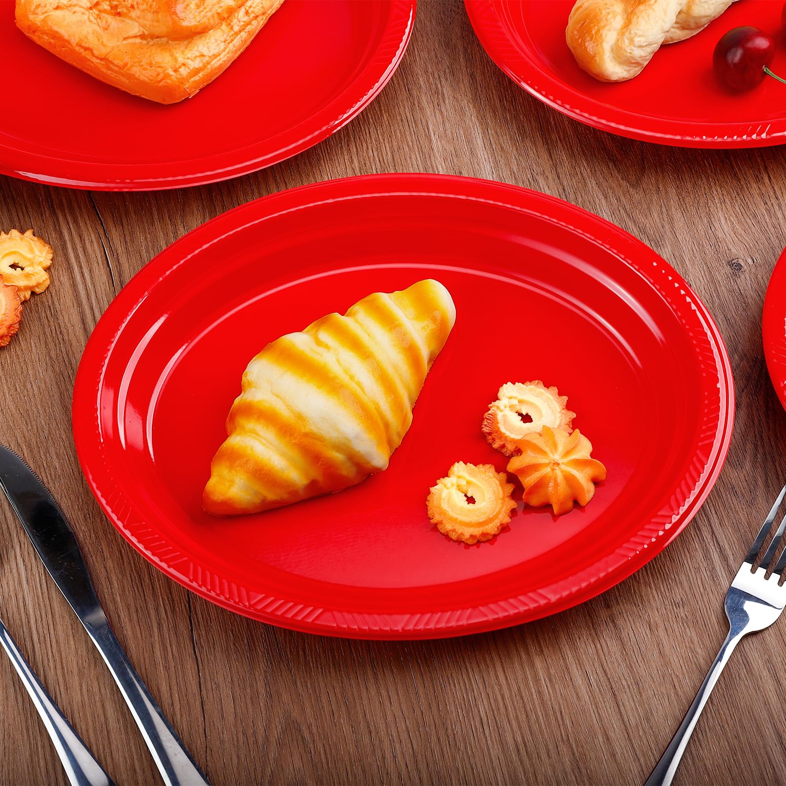Gabotrie 50 PCS Disposable Red Plates, 9.8" x 12.4" Oval Red Plastic Plates, Heavy Duty Plate Bulk, Large Oval Plastic Plate for Party Dinner Birthday