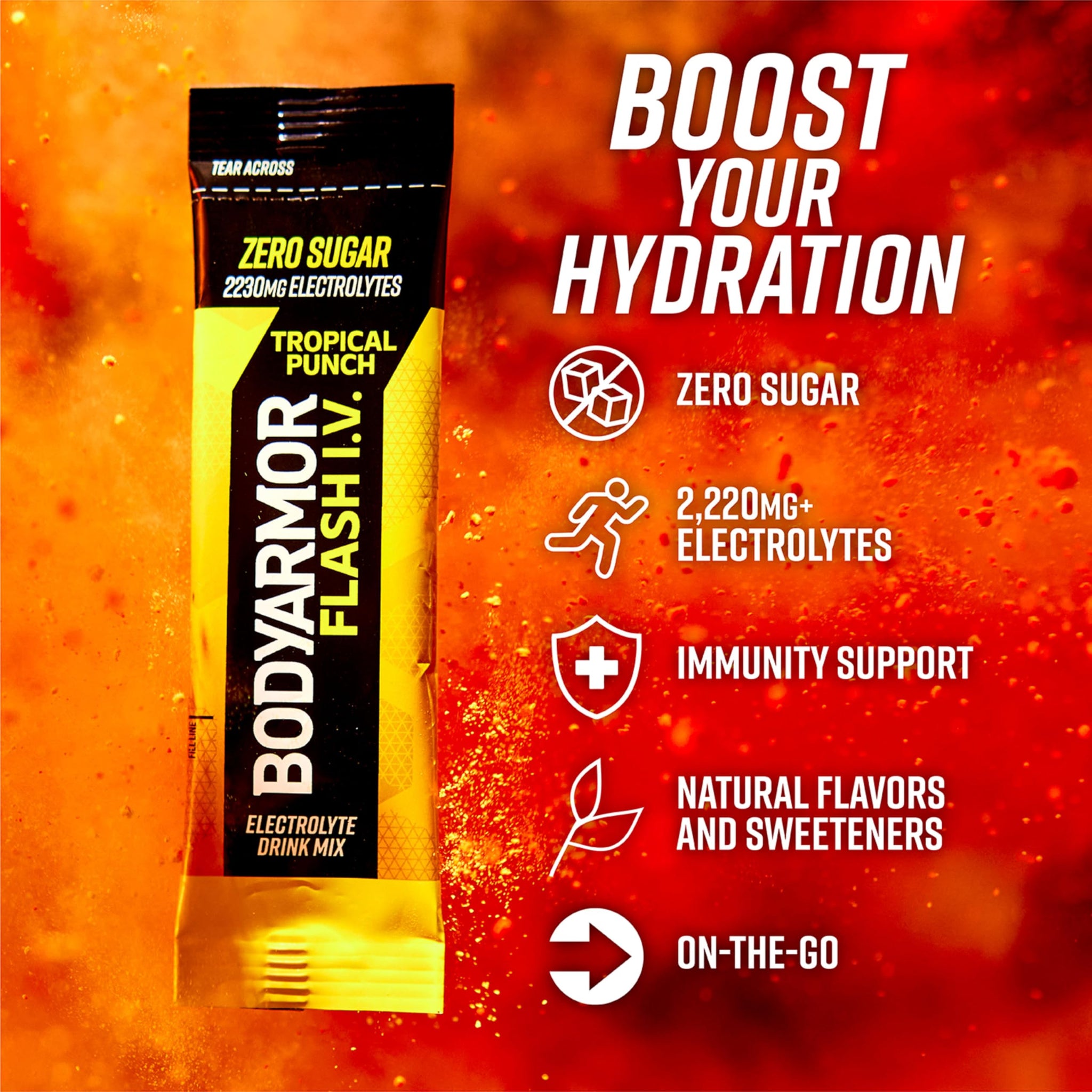 BODYARMOR Flash I.V. Electrolyte Packets, Tropical Punch, Zero Sugar Drink Mix, Single Serve Packs, Coconut Water Powder, Hydration for Workout