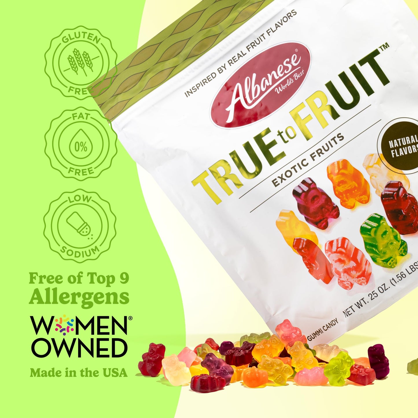 Albanese World's Best True to Fruit Exotic Fruits | 25oz Bag of Candy | 8 Natural Flavors and Colors, Soft Gummy Bears | Fuji Apple and More | Tastes