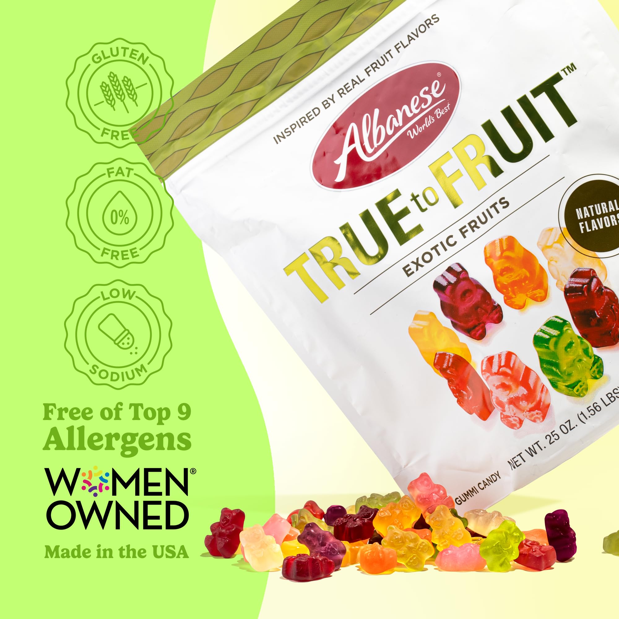 Albanese World's Best True to Fruit Exotic Fruits | 25oz Bag of Candy | 8 Natural Flavors and Colors, Soft Gummy Bears | Fuji Apple and More | Tastes