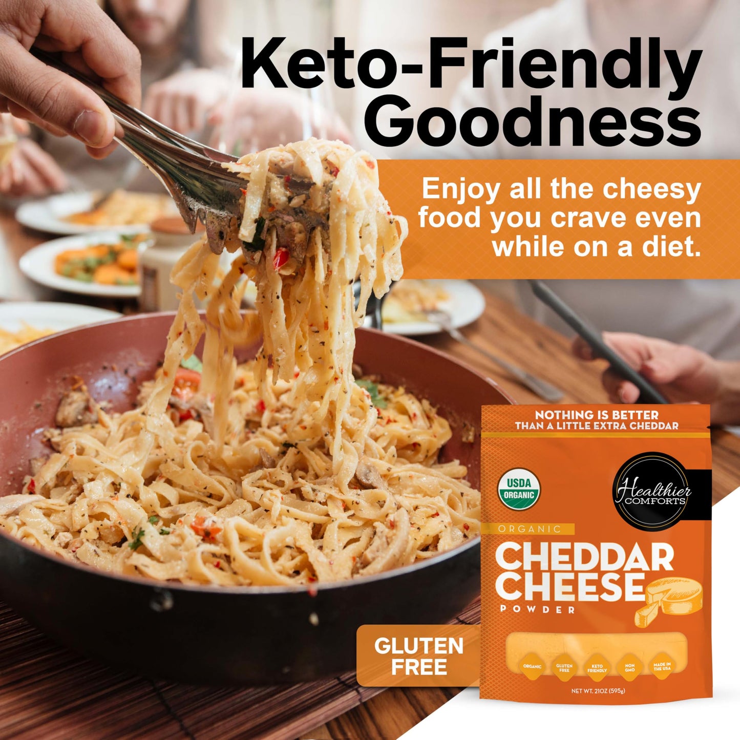 Healthier Comforts Organic Cheddar Cheese Powder | Gluten Free, Keto-Friendly, Non-GMO, Antibiotic & Hormone Free | Perfect for Popcorn Seasoning, Mac
