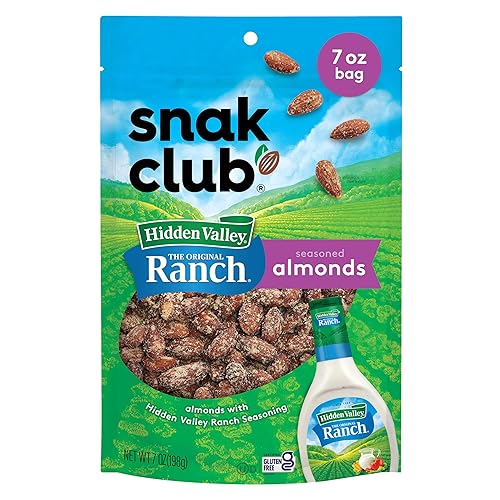 Snak Club Almonds with Hidden Valley Ranch Seasoning, Roasted Almonds, Gluten-Free and Kosher Snack, 7 oz Resealable Bag