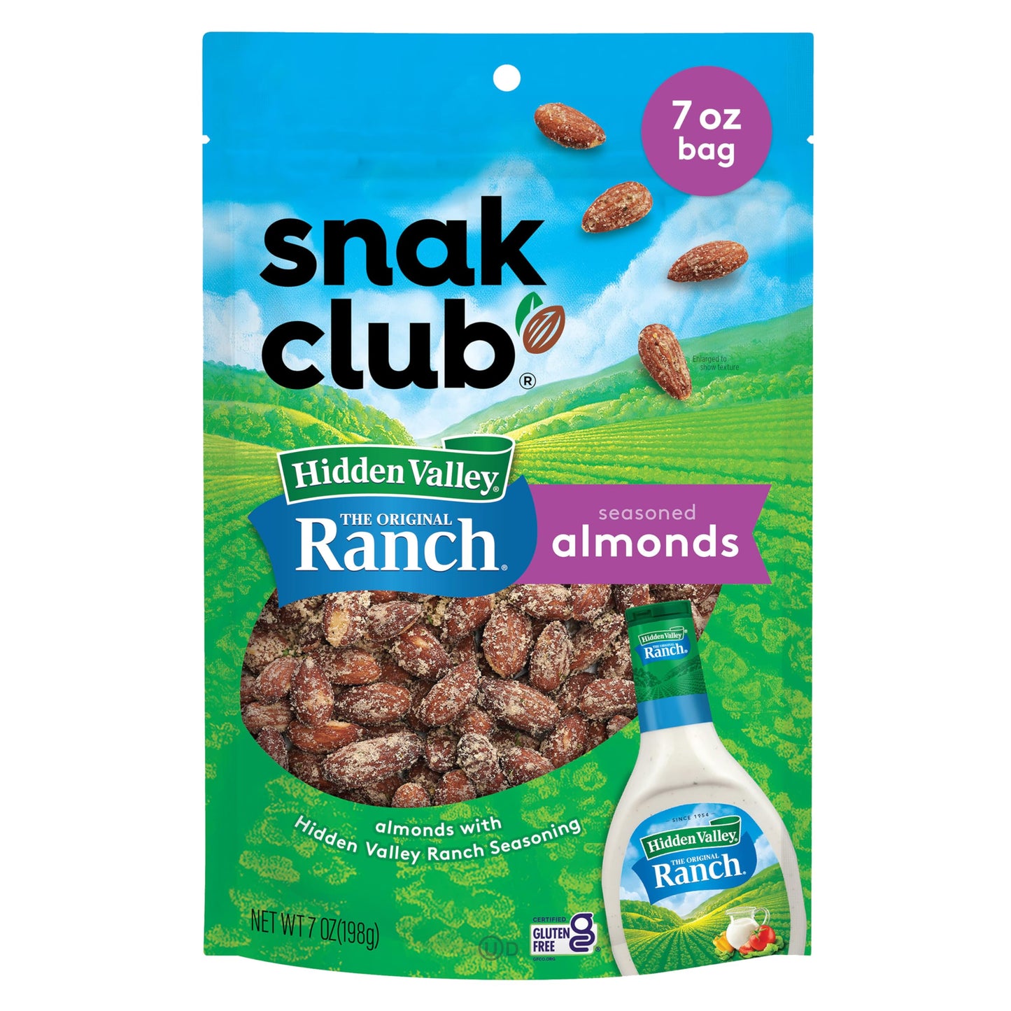 Snak Club Almonds with Hidden Valley Ranch Seasoning, Roasted Almonds, Gluten-Free and Kosher Snack, 7 oz Resealable Bag
