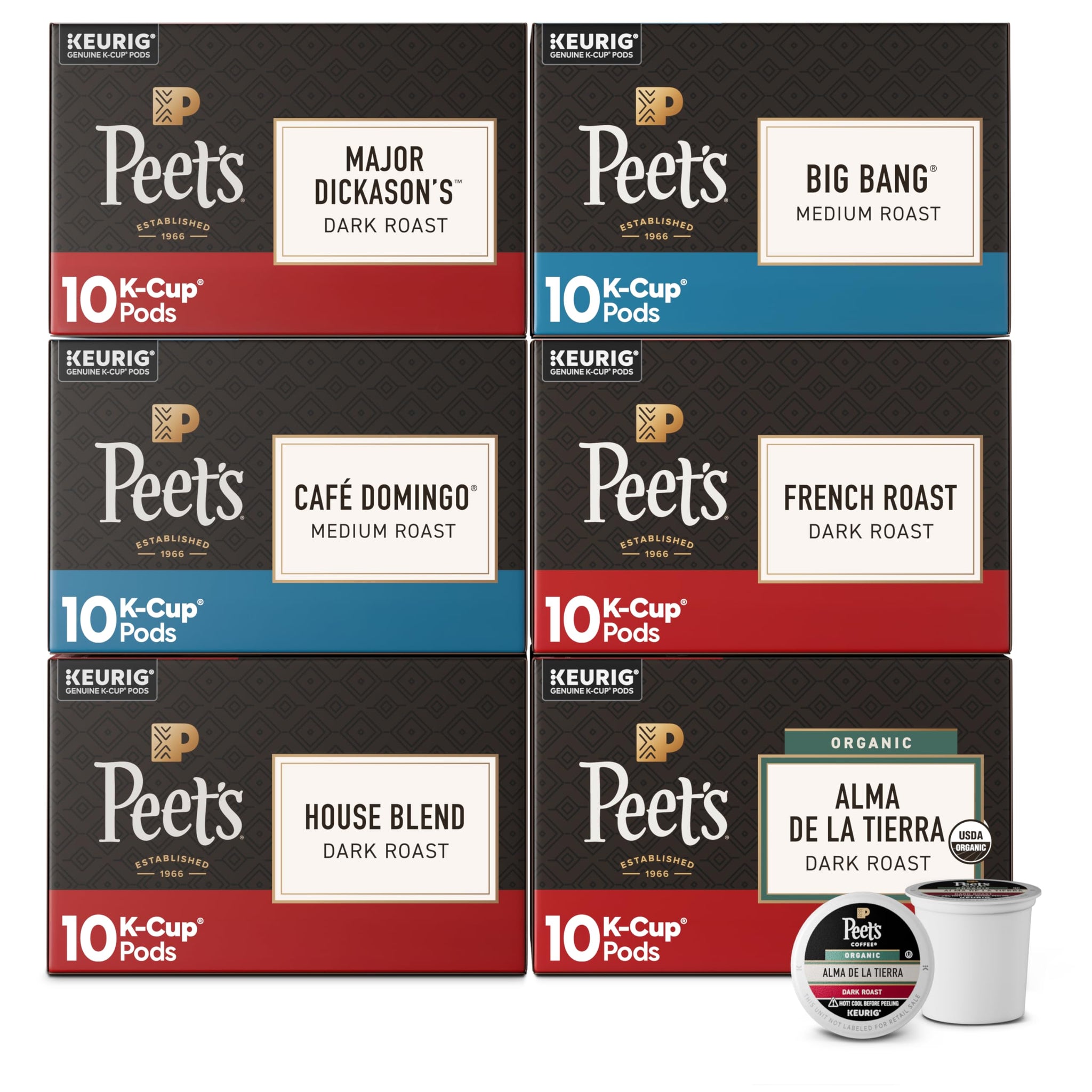 Peet's Coffee, Keurig K-Cup Pods Variety Pack, 100% Arabica Coffee - Major Dickason's Blend, Big Bang, French Roast, Café Domingo, Organic Alma De La