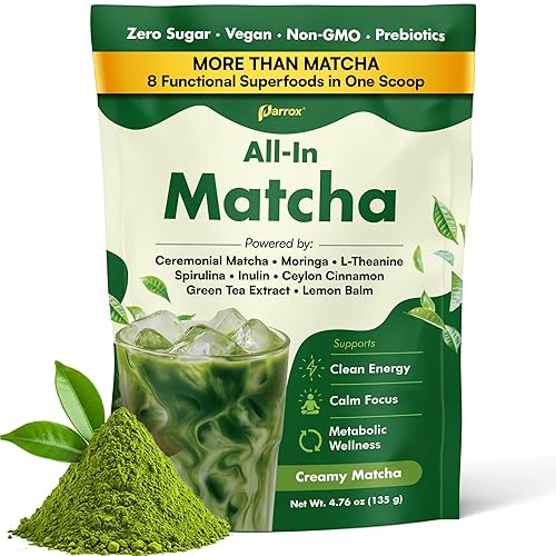Ceremonial Grade Matcha Powder Infused with Moringa, Green Tea Extract, L-Theanine, Inulin, Spirulina, Ceylon Cinnamon, and Lemon Balm - 100% First