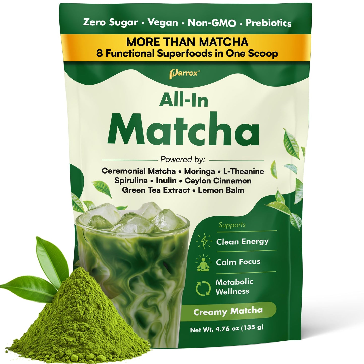 Ceremonial Grade Matcha Powder Infused with Moringa, Green Tea Extract, L-Theanine, Inulin, Spirulina, Ceylon Cinnamon, and Lemon Balm - 100% First