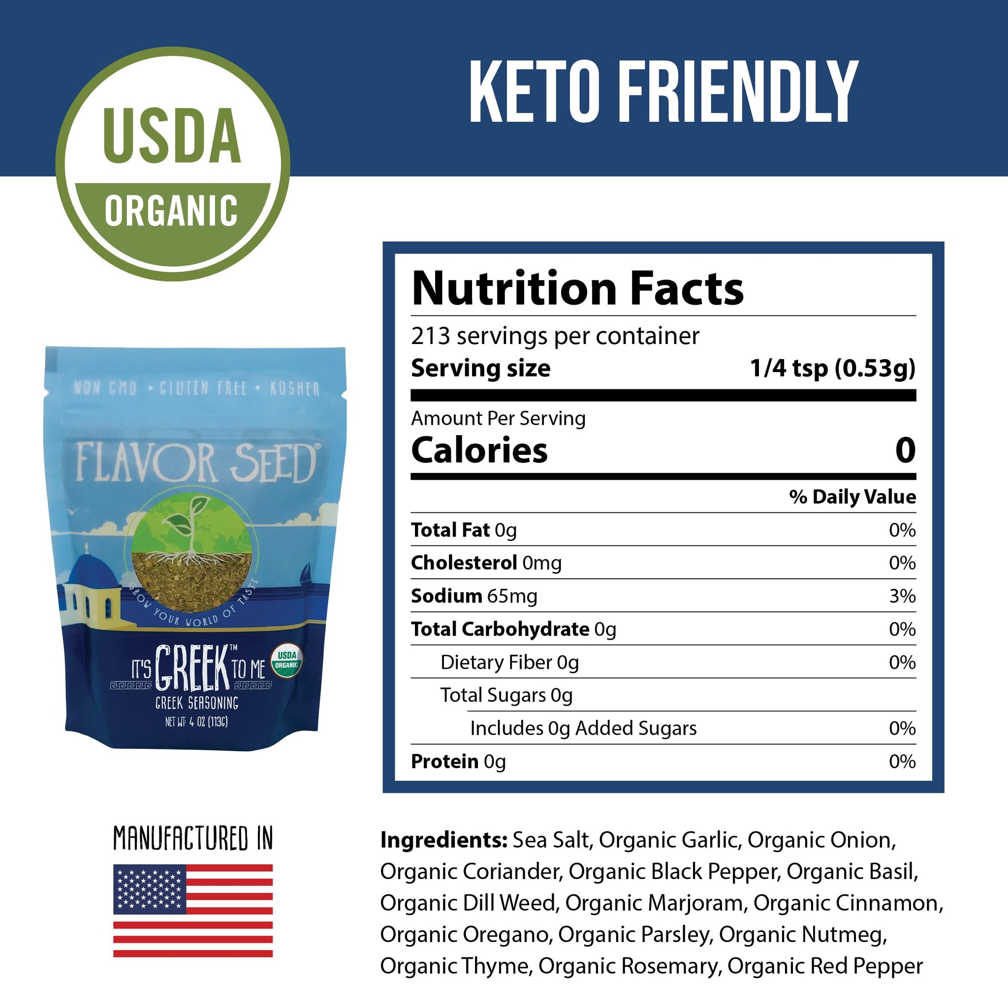 Organic Greek Seasoning Blend - It's Greek To Me by Flavor Seed, Mediterranean Herbs & Spices for Gyro, Tzatziki & Kebab, Carnivore & Keto Friendly, 4