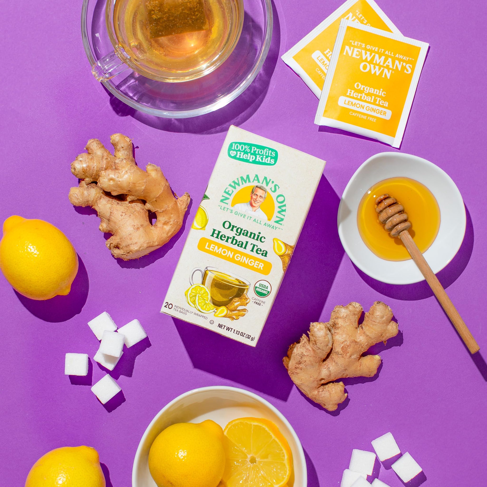 Newman's Own Organic Lemon Ginger Herbal Tea with Rooibos Tea with Organic Ginger 20 Individually Wrapped Tea Bags USDA Certified and Kosher Cinnamon