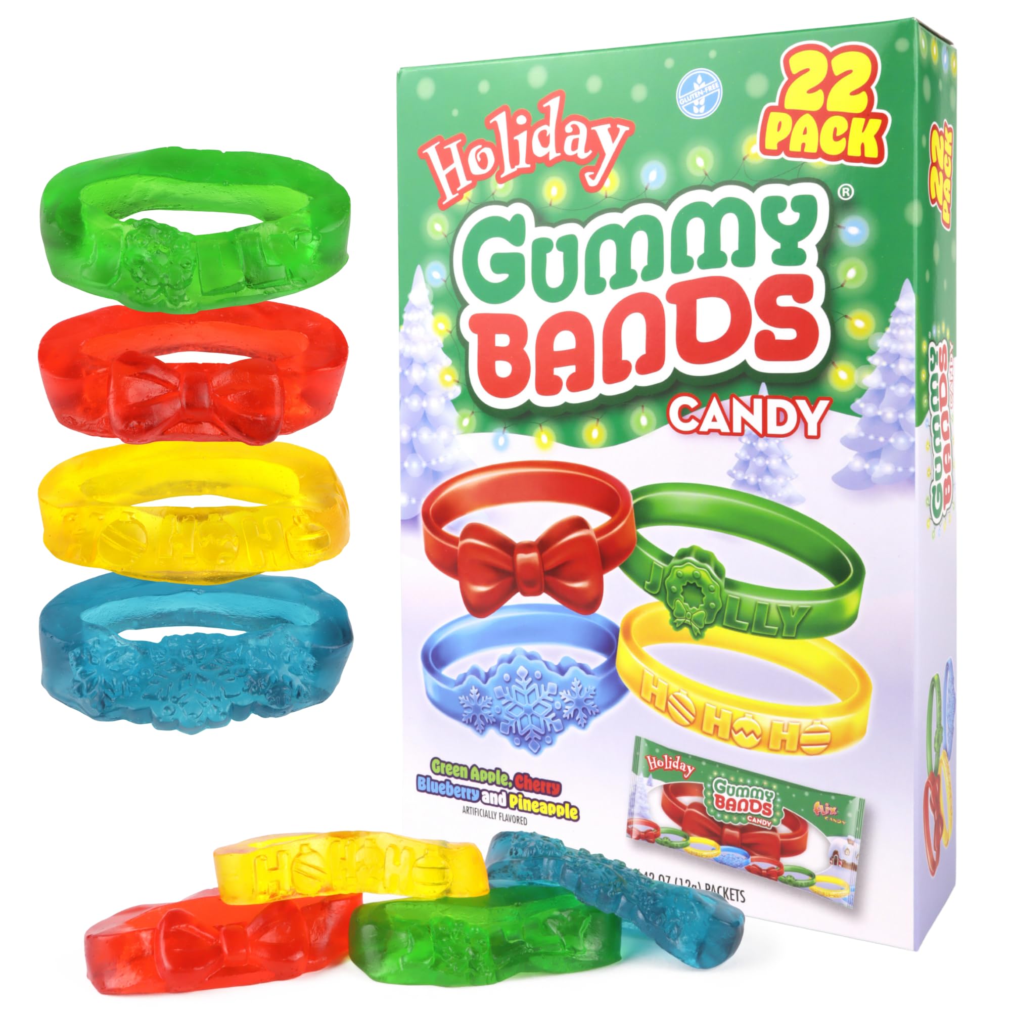 Christmas Gummy Candy, Individually Wrapped Edible Jewelry, Festive Stocking Stuffers or Party Treats, 22 Count 9.31 Ounces