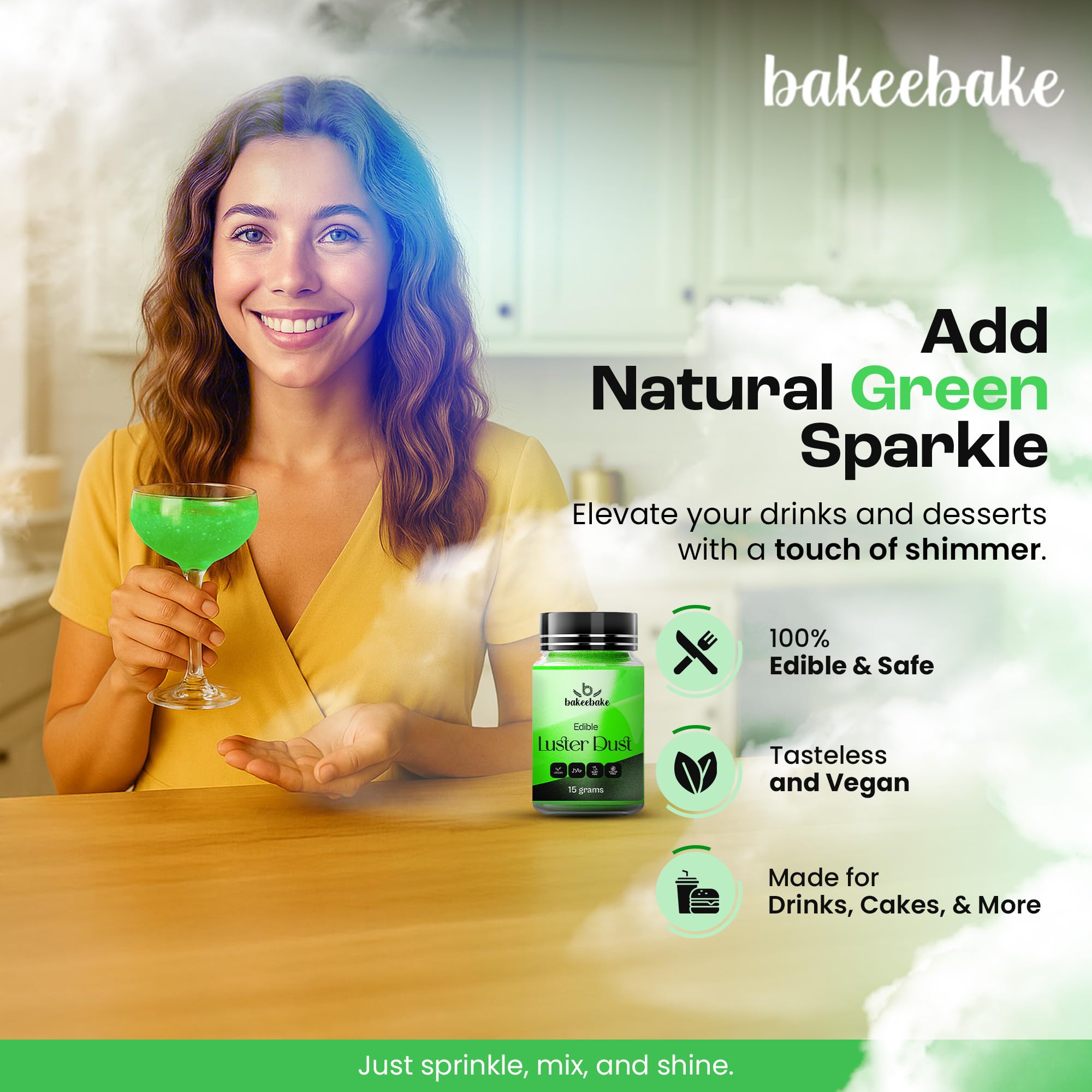 Bakeebake Luster Dust Edible 15g - Edible Glitter for Drinks & Desserts - Gluten Free Edible Green Dust for Cake Decorating - Tasteless Vegan Drink