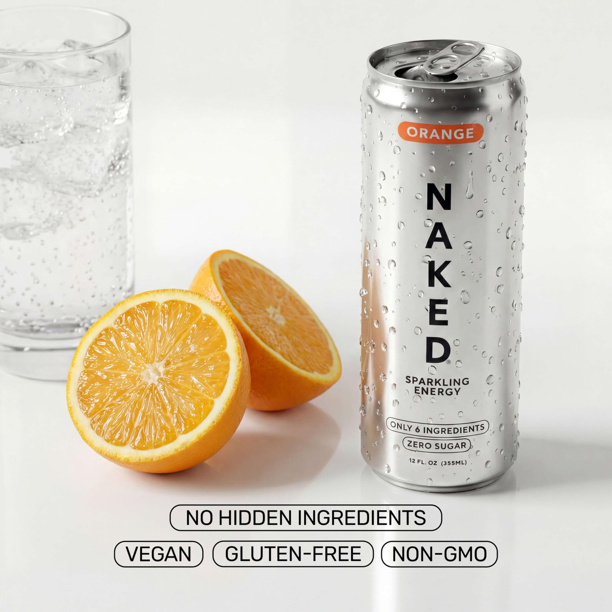 Naked Sparkling Energy Drink - Orange, Organic Caffeine, Organic Lemon Juice, Zero Sugar, No Sucralose, Naturally Sweetened, Clean Energy Drinks