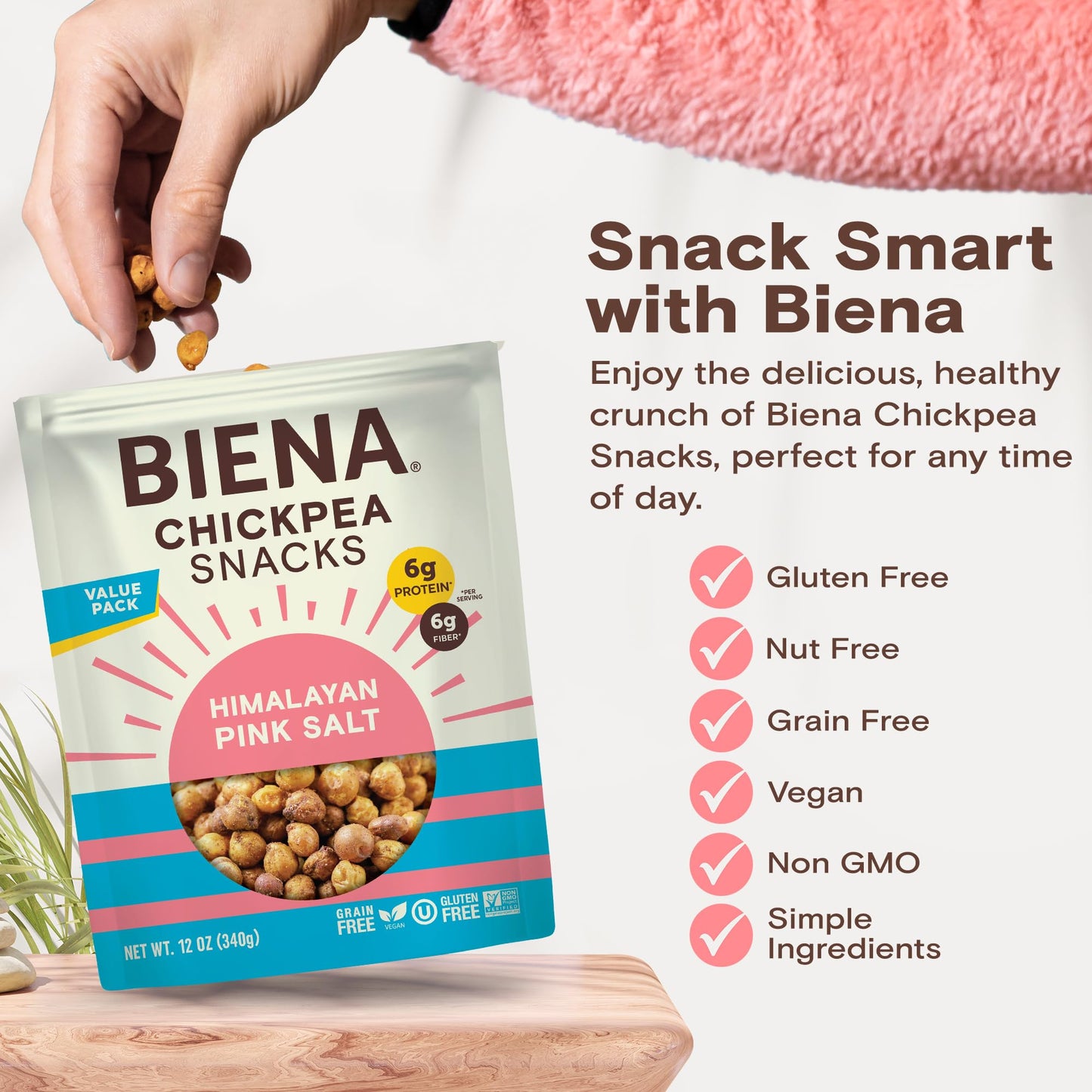 BIENA Chickpea Snacks - Crunchy Roasted Chickpeas - High Fiber Vegan Protein Snacks for Adults and Kids - Individual Pack - Himalayan Pink Salt