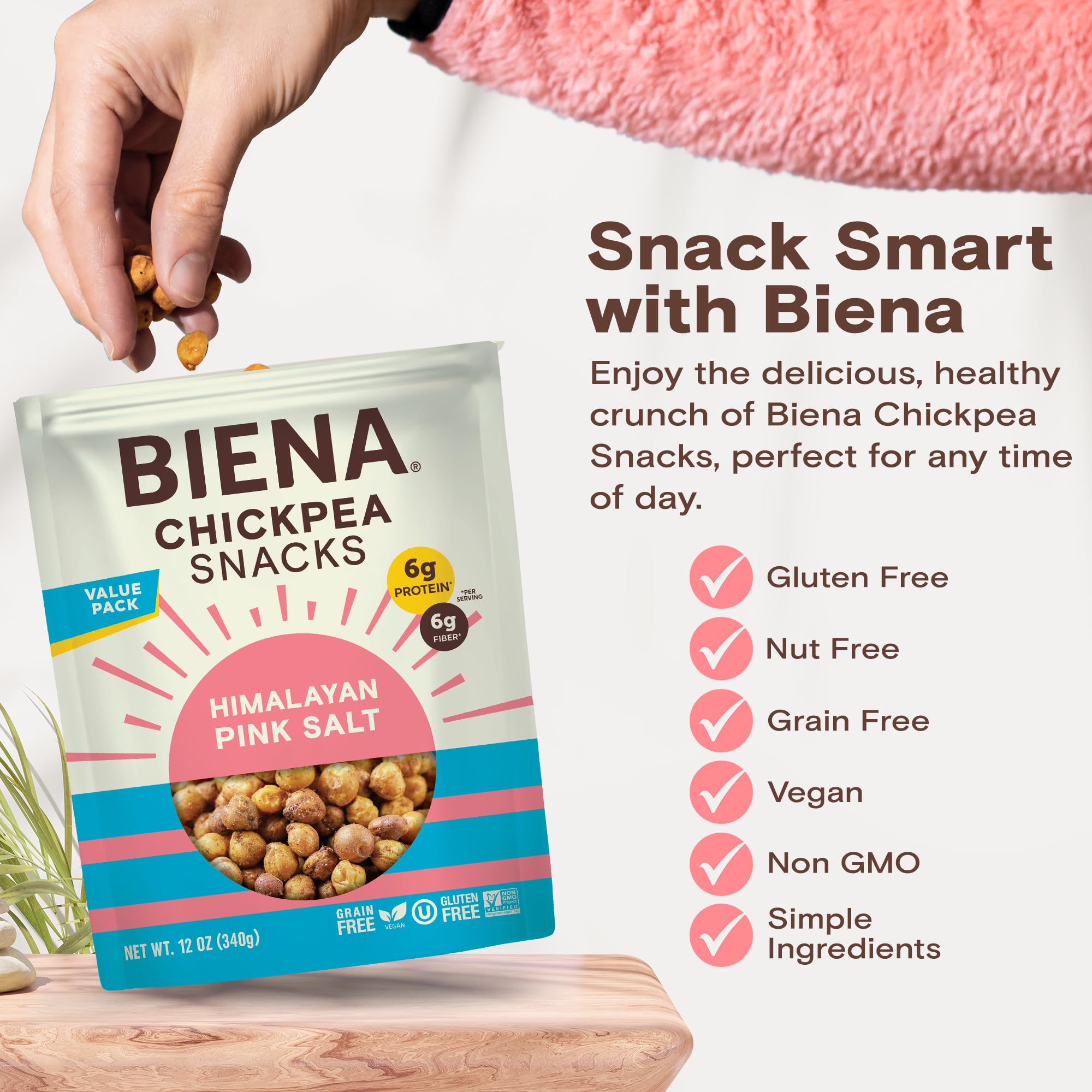 BIENA Chickpea Snacks - Crunchy Roasted Chickpeas - High Fiber Vegan Protein Snacks for Adults and Kids - Individual Pack - Himalayan Pink Salt