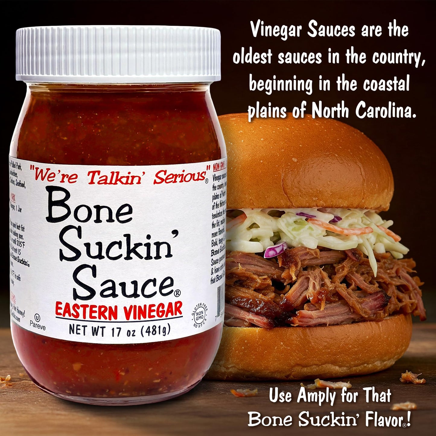 Bone Suckin' Eastern Vinegar BBQ Sauce, Carolina Barbecue Sauce, 17 Ounce