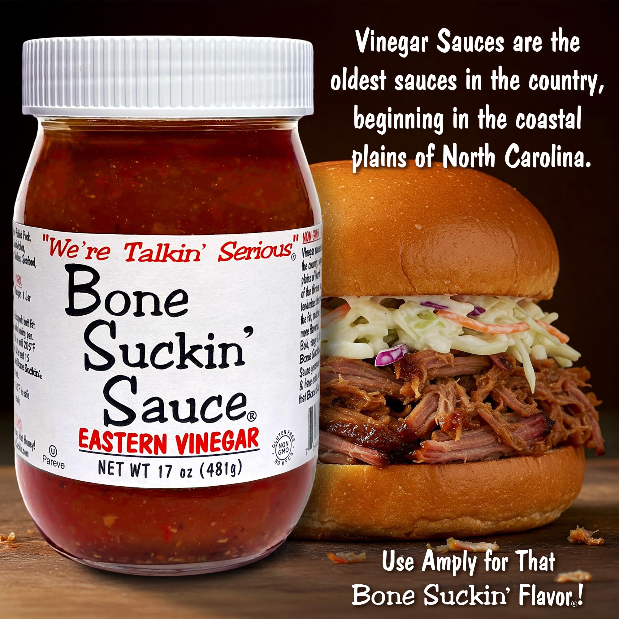 Bone Suckin' Eastern Vinegar BBQ Sauce, Carolina Barbecue Sauce, 17 Ounce