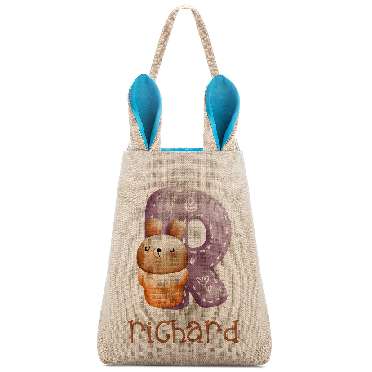 Set of 2, Personalized Easter Baskets for Boys & Girls w/Initail & Name, Pink or Blue Bunny Ears - Customize Tote Bag with Handle for Easter Eggs
