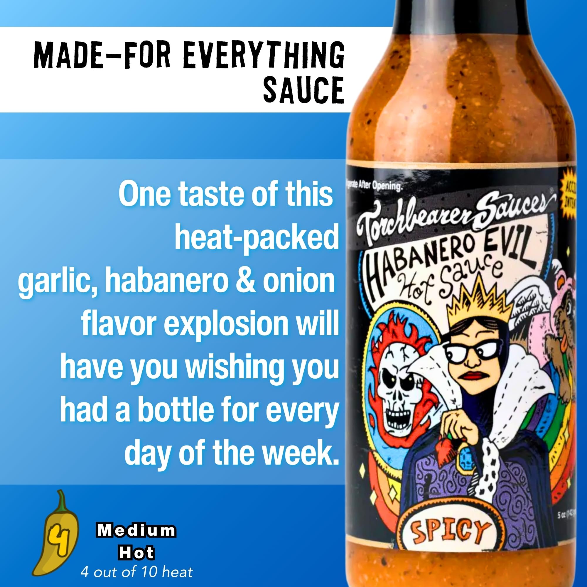 Torchbearer Sauces Habanero Evil Hot Sauce 5oz, Medium Spicy Heat Level 4 - All Natural Hot Sauce, Extract-Free, Made in USA