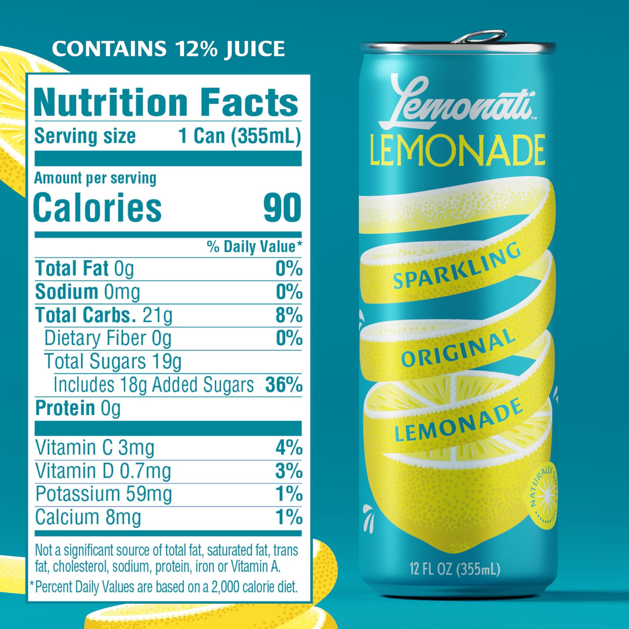 Lemonati Sparkling Lemonade, No Artificial Sweeteners or Flavoring, Gluten-Free, Kosher, Non-GMO, Vegan, 12 Fl Oz Slim Cans, Pack of 24, Lemonade