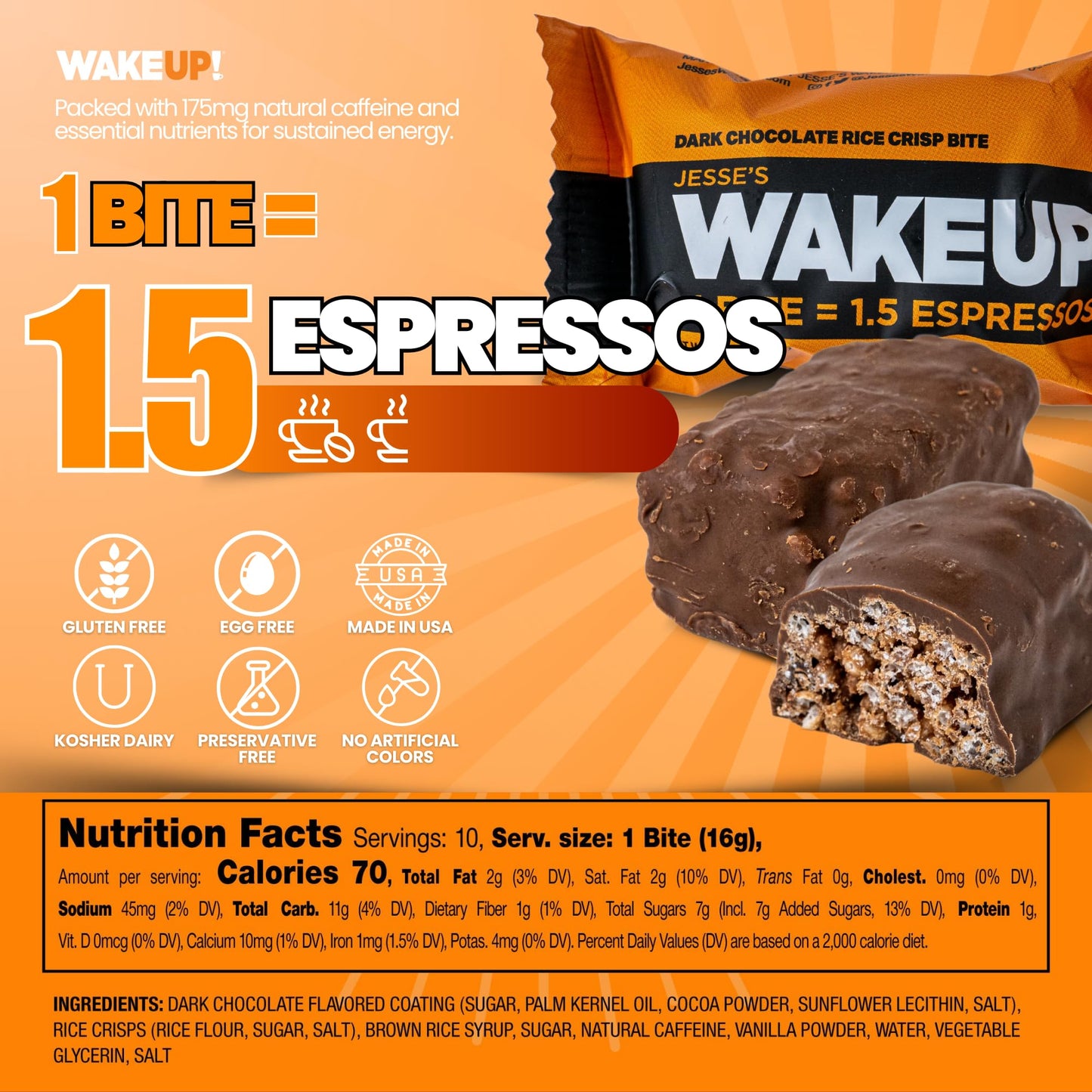 WAKEUP! Caffeinated Rice Crisp Energy Bites, Dark Chocolate, 8 Pack | 175mg Caffeine Per Bar = 1.5 Espressos | Vegan, Gluten-Free, Kosher | Coffee