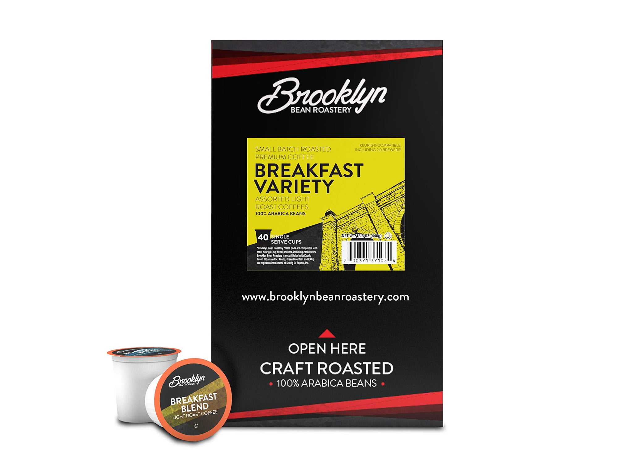 Brooklyn Beans Coffee Pods, Breakfast Gourmet Variety Pack - Compatible with Keurig K Cup Brewers Including 2.0 Machines, 40 Count, Light Roast