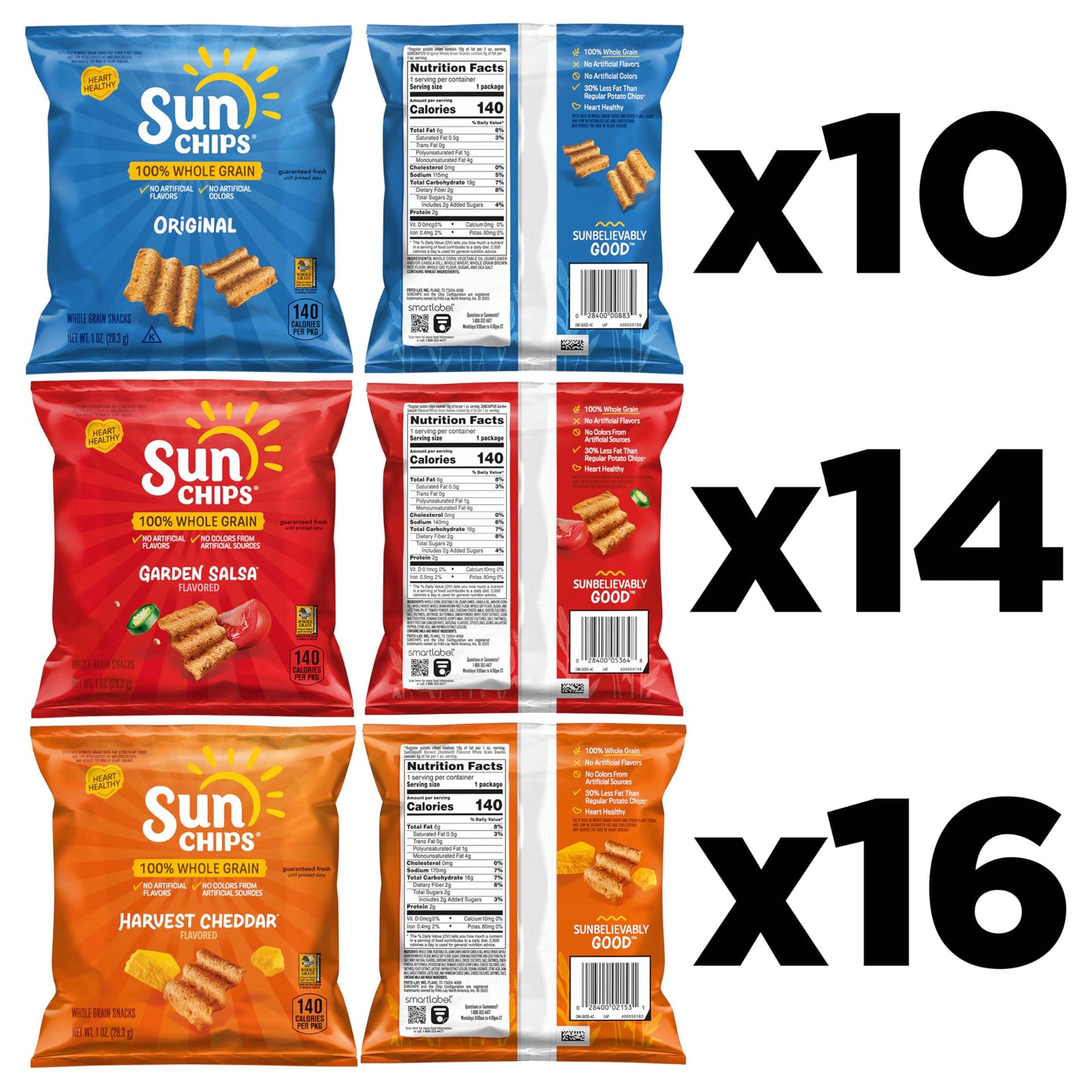 SunChips 100% Whole Grain Chips, Variety Pack, 1 oz Bags, Pack of 40, No Artificial Flavors, Colors