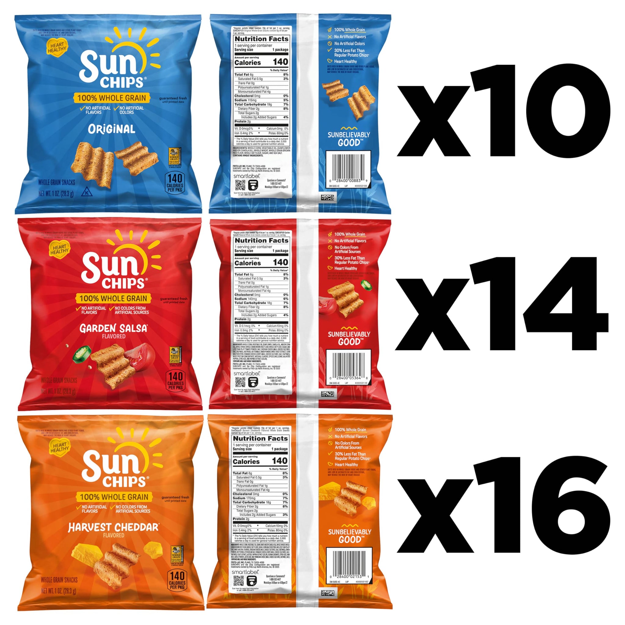 SunChips 100% Whole Grain Chips, Variety Pack, 1 oz Bags, Pack of 40, No Artificial Flavors, Colors