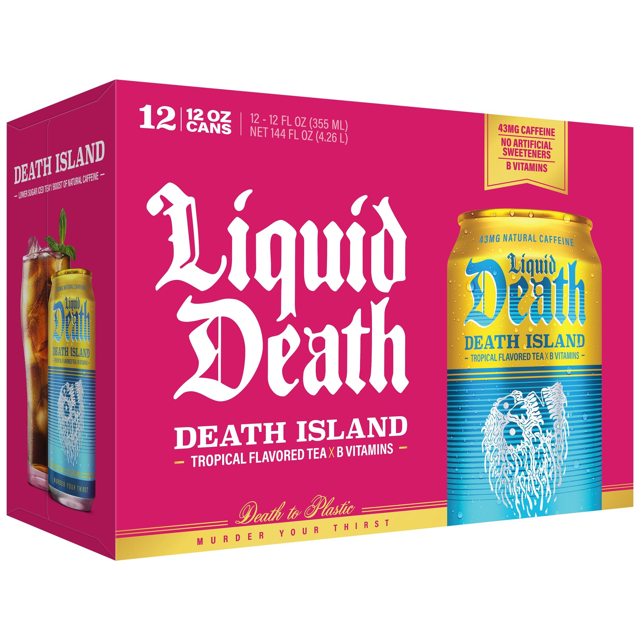 Liquid Death Iced Tea - Death Island (Tropical-Flavored Black Tea), Less Sugar*, Boost of Caffeine, B Vitamins, No Artificial Sweeteners, 12 Fl Oz