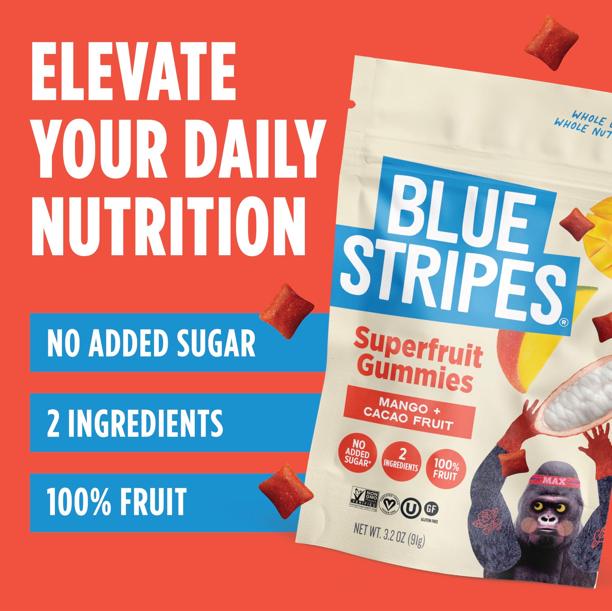 Blue Stripes Cacao Superfruit Gummies - Vegan Chewy Fruity Snack, No Sugar Added 100% Fruit Gummy, 9 Essential Vitamins & Minerals, Natural Tropical