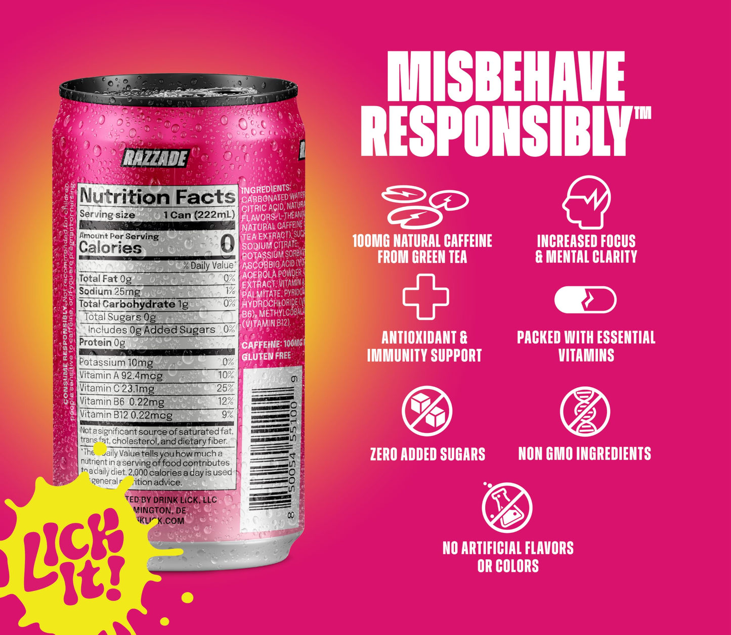 LICK Energy Drink - Razzade, No Sugar, No Crash, Green Tea Caffeine (100mg), with Ginger, Antioxidants and Vitamins A, B6, B12, and C, 7.5oz (6pk)