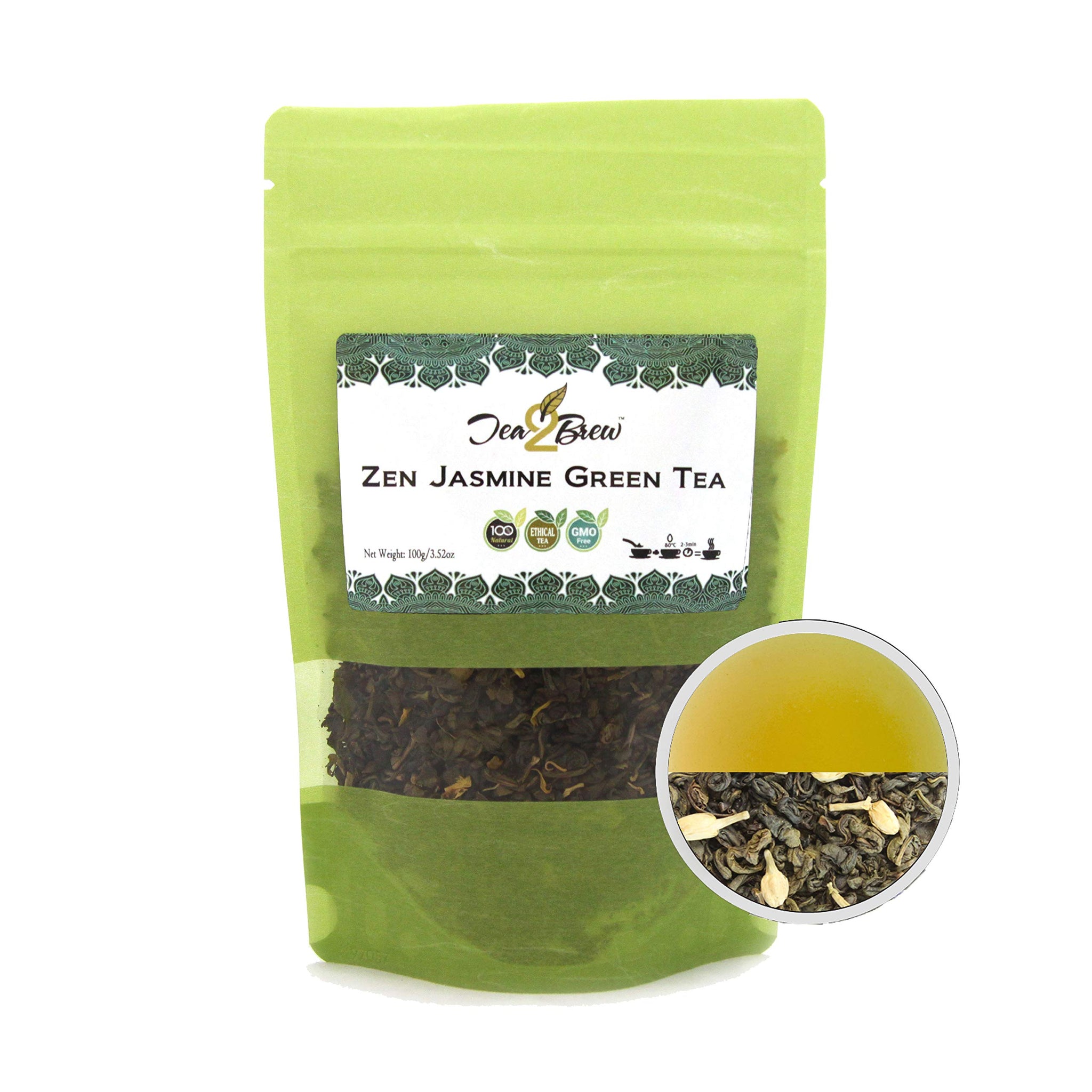 Tea2Brew | Jasmine Green & Pure Ceylon Green Tea | Whole Leaf loose tea 100g (3.5oz) each | Pack of 2