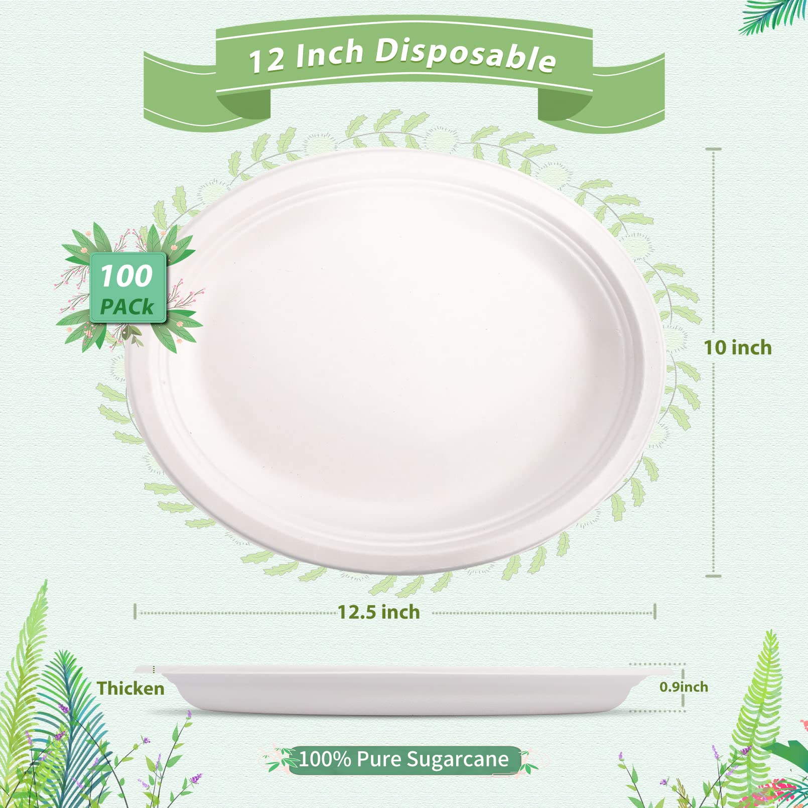 Azegech 100Pack Disposable Paper Plates, 12.5 Inch Oval, Eco-Friendly, Compostable, White Dinner Plates for Party, Picnic