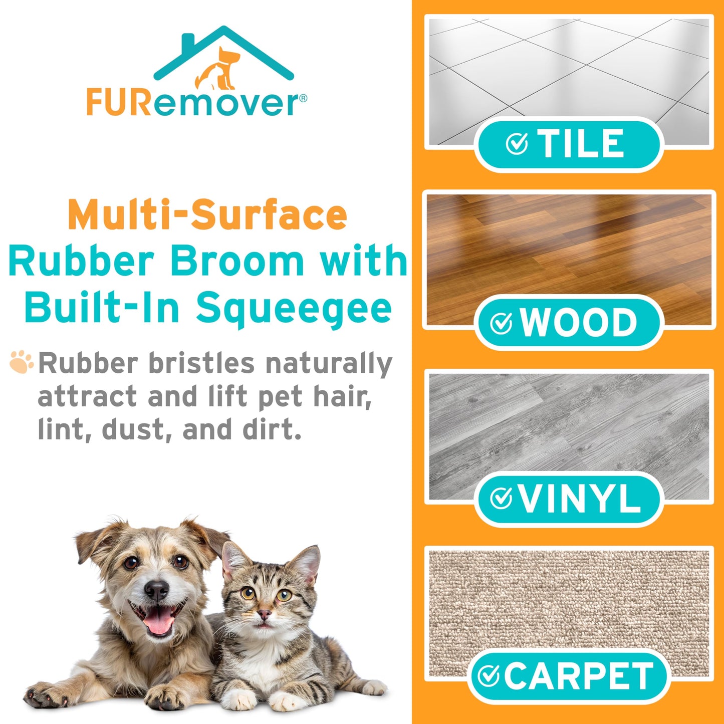 FURemover Pet Hair Removal Rubber Broom, 61" Telescopic Handle