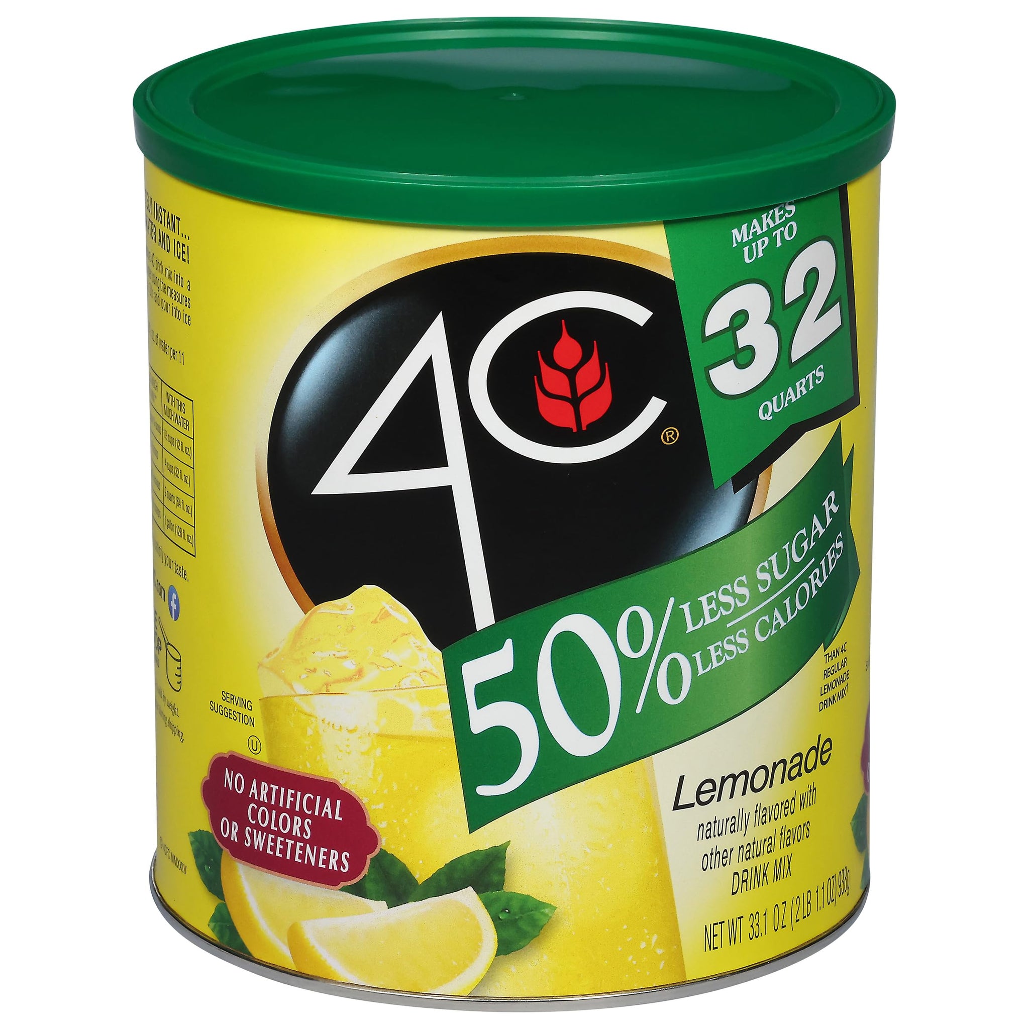 4C Reduced Sugar Powdered Drink Mix Canisters, Iced Tea 1 Pack, 28 Quarts, Family Sized Canister, Thirst Quenching & Refreshing Flavors (Lemonade