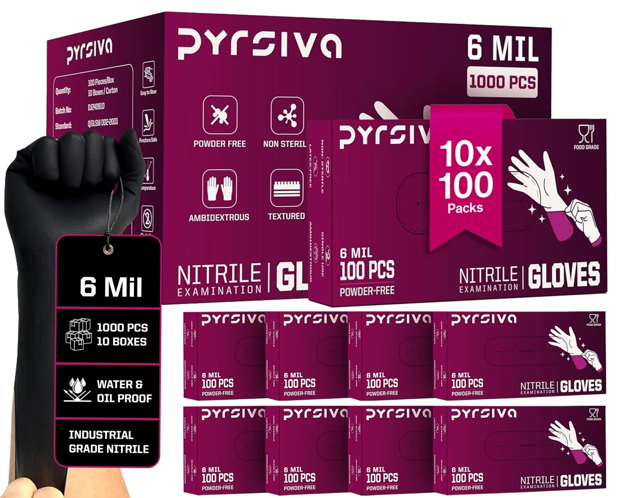 Pyrsiva 6Mil Black Nitrile Disposable Medical Exam Gloves - Heavy Duty 1000 PCS Gloves Powder-Free Latex-Free - Doctors, Nurses, Chefs, Mechanics