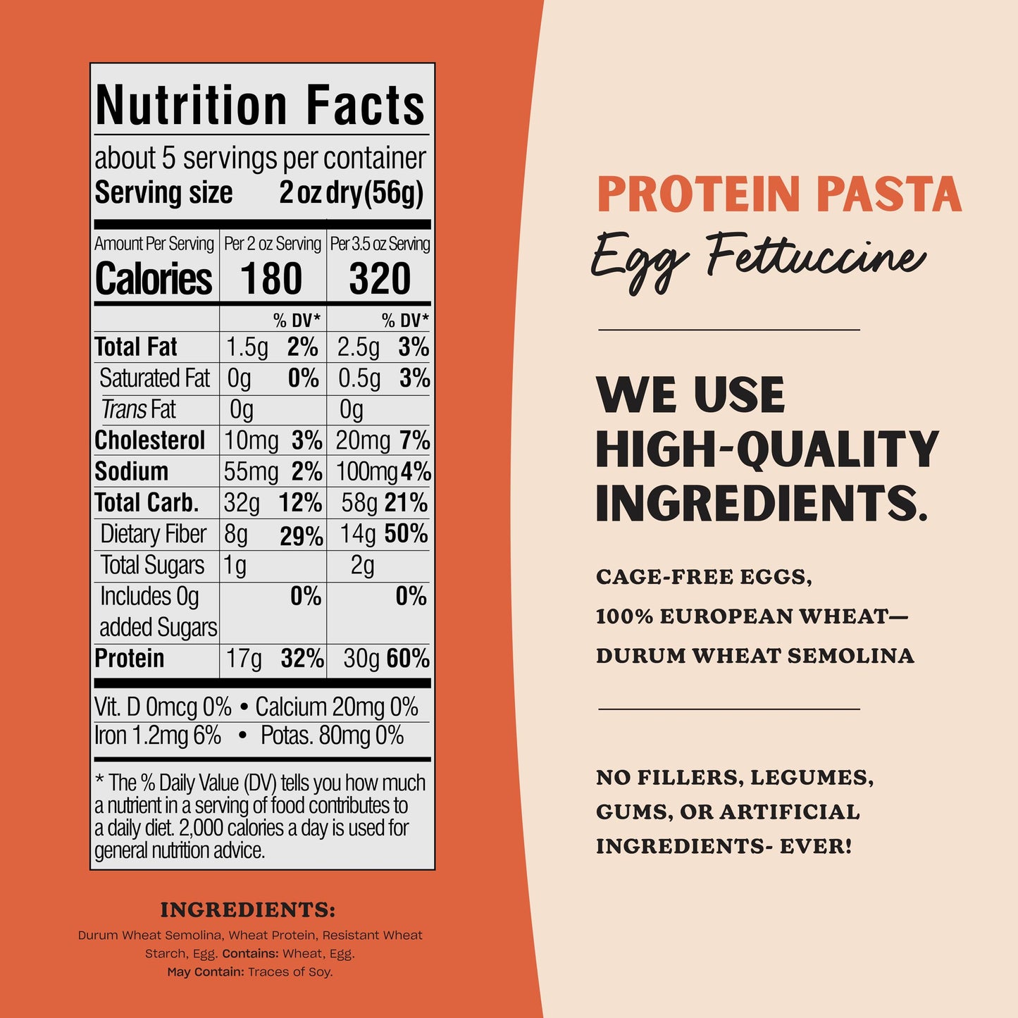 Al Dente Protein Pasta Egg Fettuccine - 30g High Protein in 3.5oz Serving, Lower Carb, High Fiber. Cage-Free Eggs & Semolina. (Previously Carba-Nada