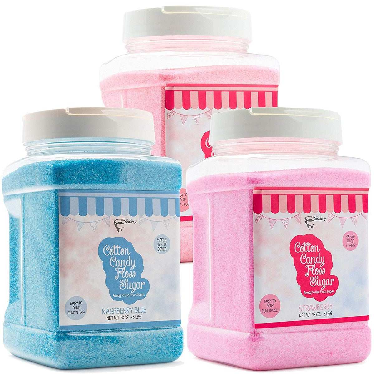 The Candery Cotton Candy Sugar Floss 3lbs 3 Pack Premium Flavors (Strawberry,Cherry,Raspberry)