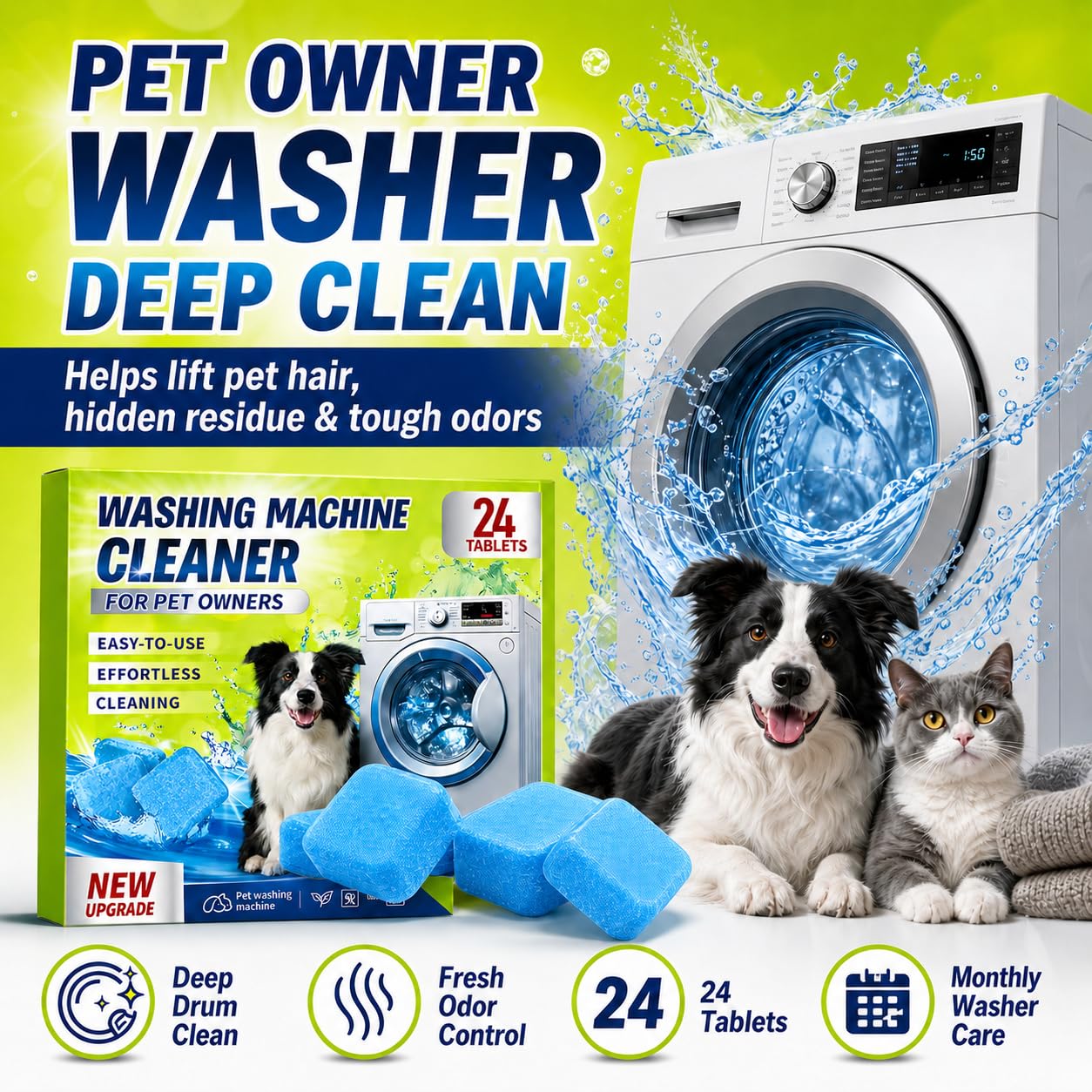 Enzyme Washing Machine Cleaner Tablets for Pet Owners, [2X Power] Washer Cleaner Pet Odor Remover, Deep Clean Washing Machine Pet Hair Remover
