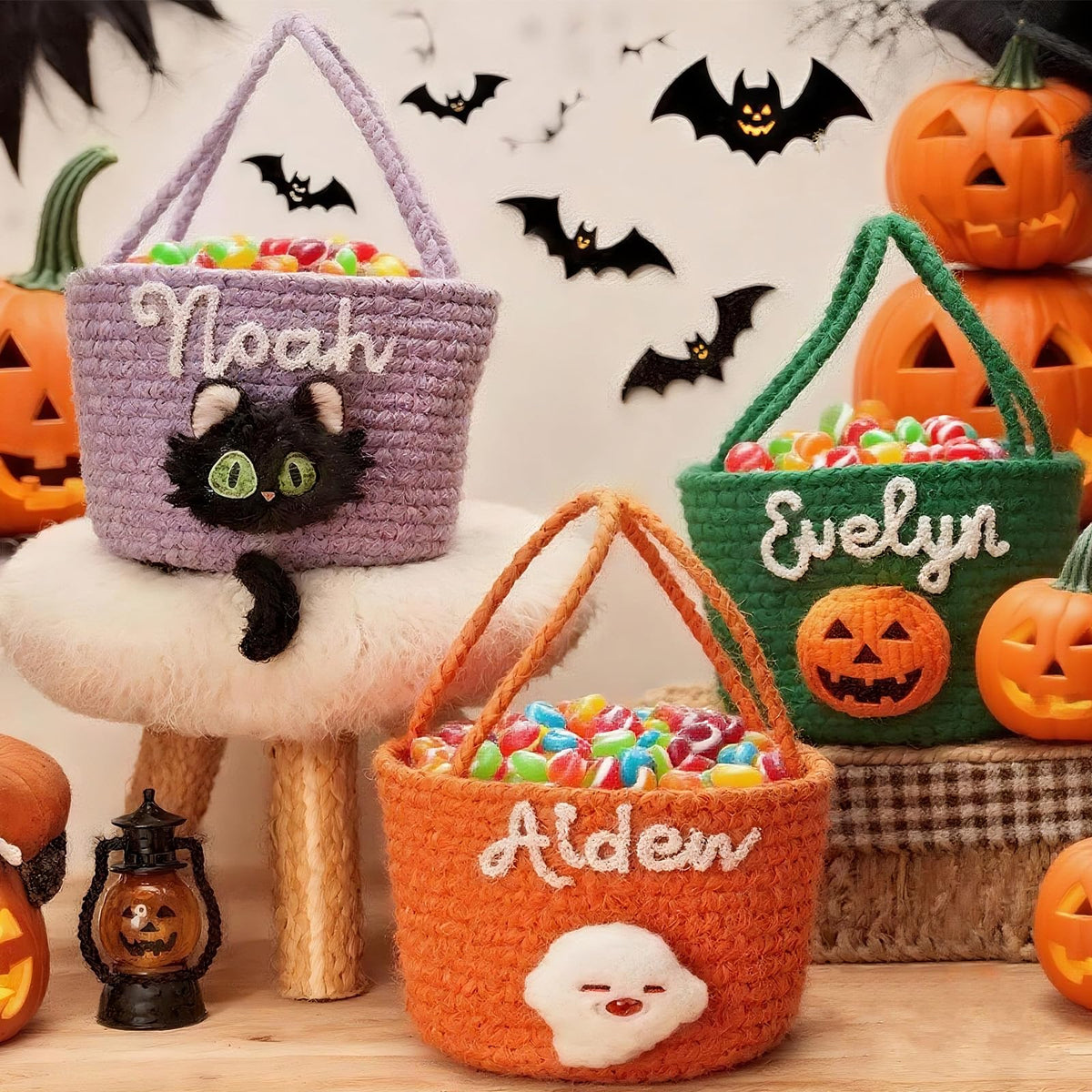 Personalized Halloween Basket Custom Woven Trick or Treat Bucket with Name Customized Halloween Spooky Candy Gift Basket (green)