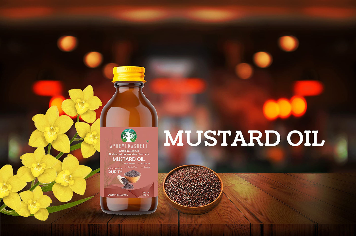 AYURVEDASHREE Mustard Oil 3.38 fl oz.. Cold Pressed Oil, Extracted on Wooden Churnerto Sustain maximum nutrition, 100% Pure & Natural, No GMO