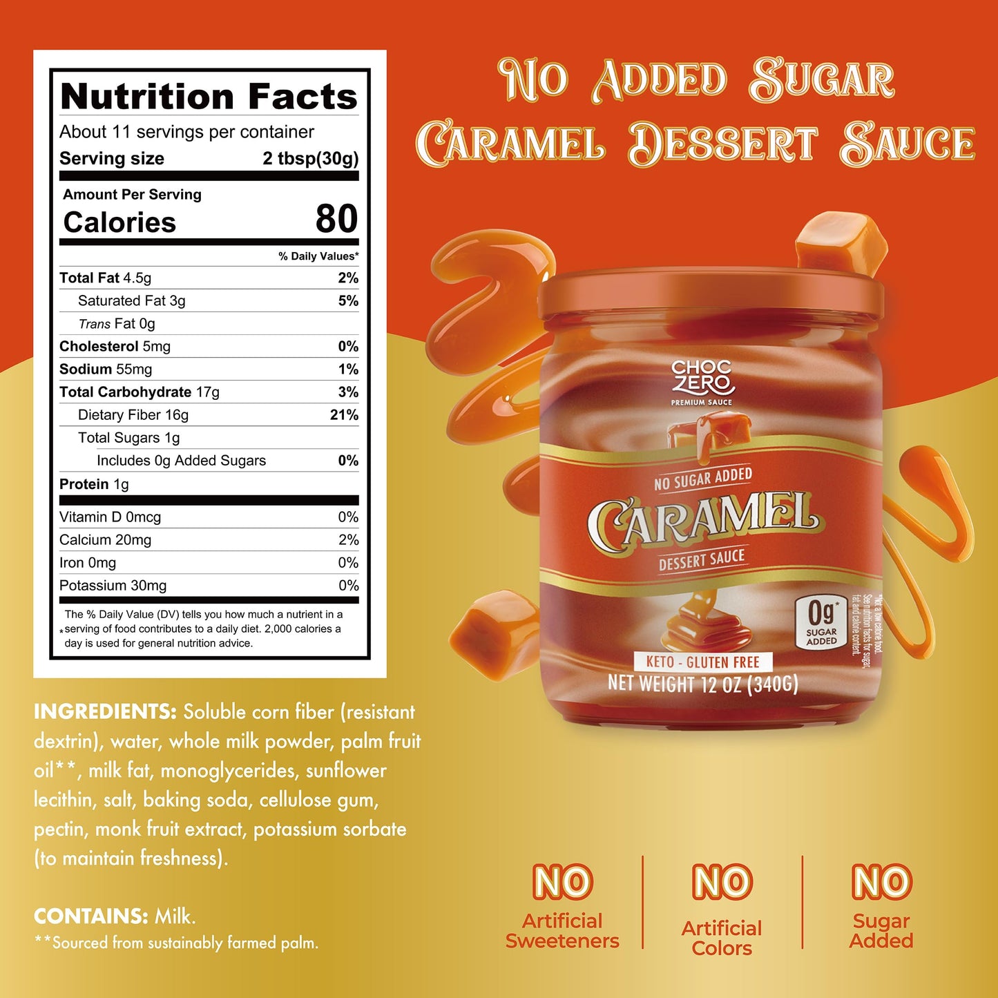 ChocZero Keto Caramel Sauce, No Sugar Added, No Artifical Sweeteners, Low Carb Dessert & Coffee Topping, Gluten Free, 12 oz Jar