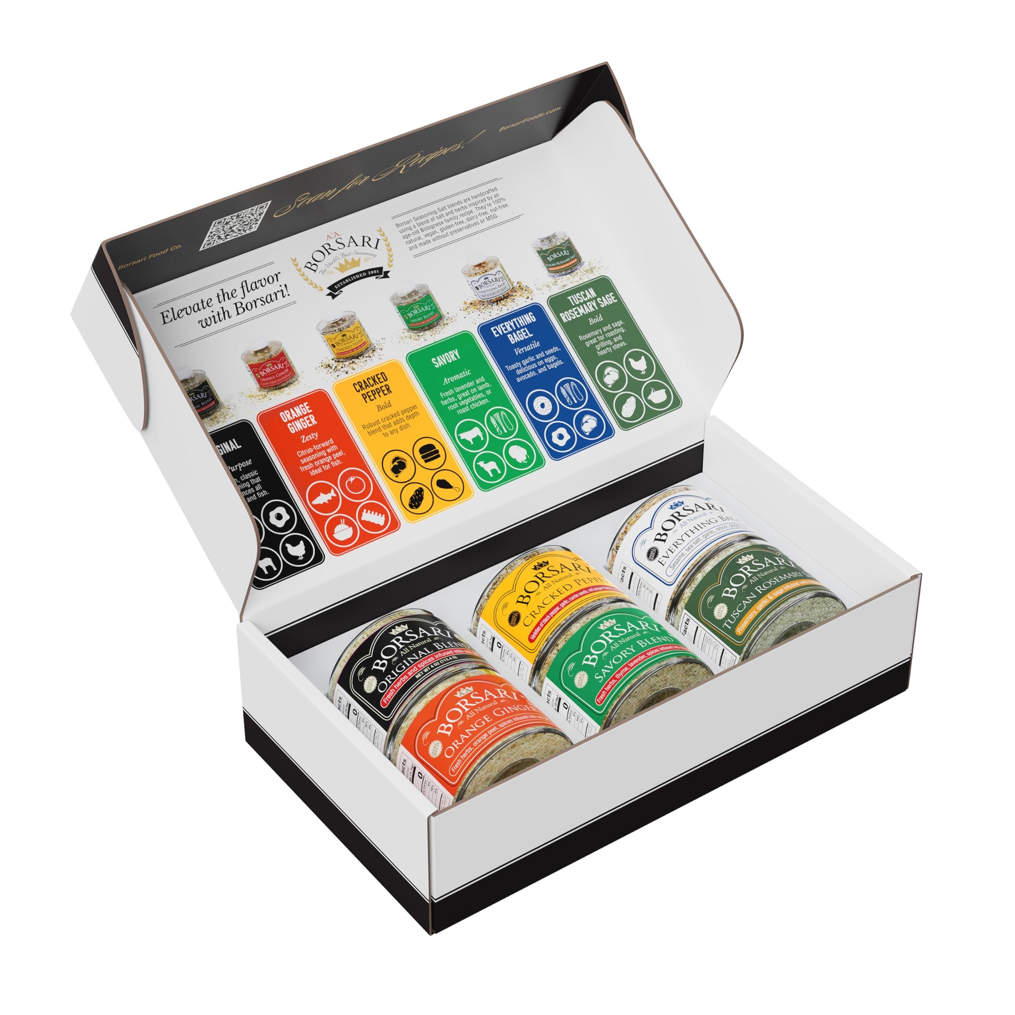 Borsari Seasoned Salt Gift Set - Original, Savory, Cracked Pepper, Tuscan Rosemary Sage, Orange Ginger, Everything Bagel - Gourmet Sea Salt Blends