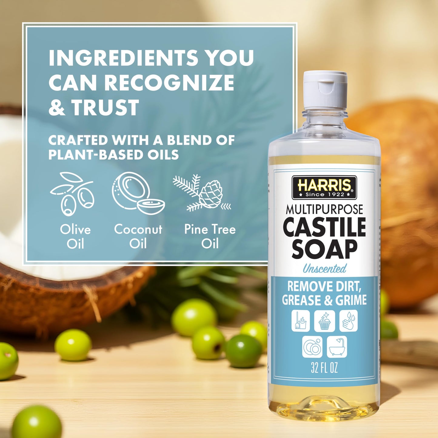HARRIS Multi-Purpose Pure Liquid Castile Soap for Home Cleaning, Multi-Purpose Cleaner, For Dish Soap, Laundry Detergent, Kitchen and Bathroom