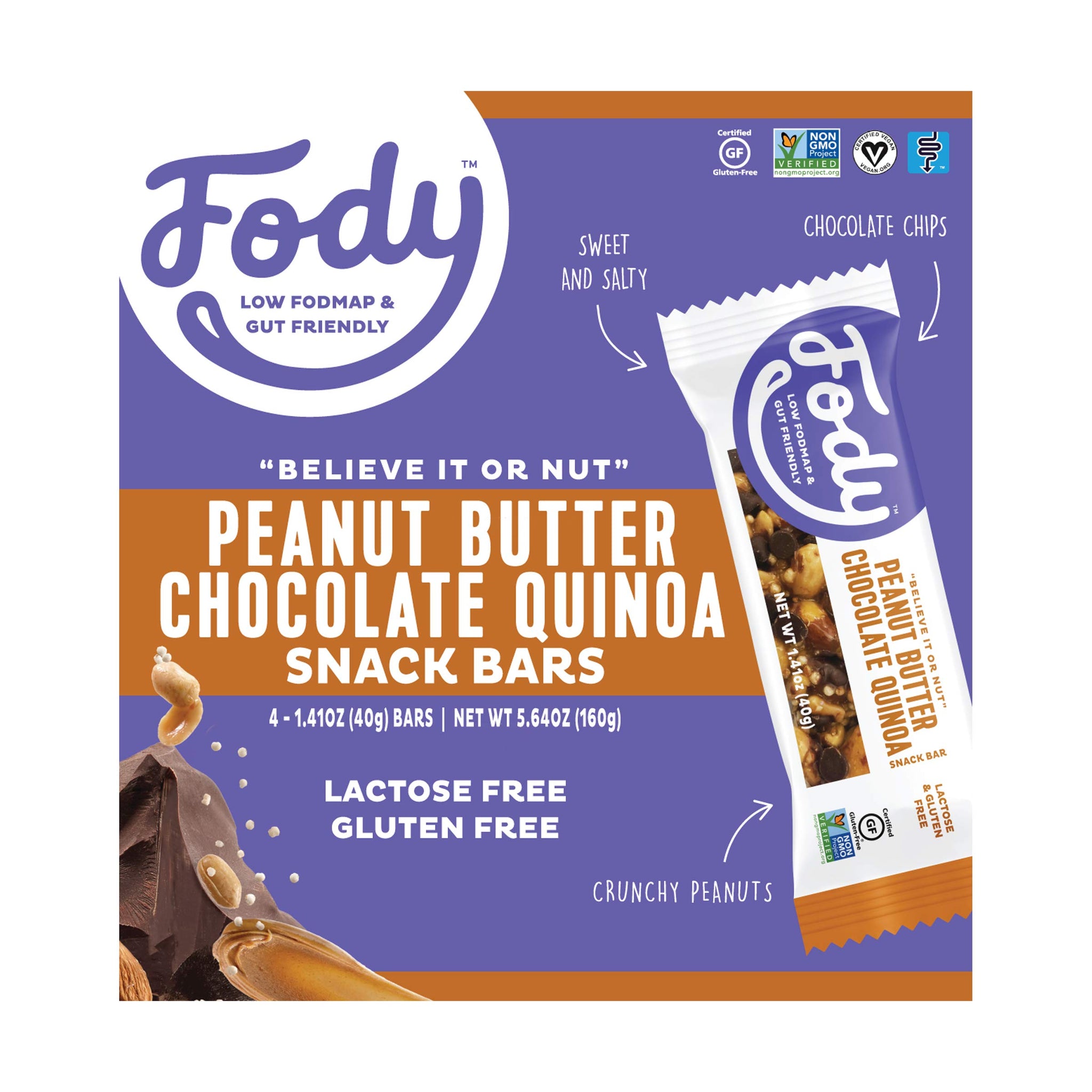 Fody Food Company Peanut Butter Chocolate Quinoa Bar 4 Count, 1.41 OZ