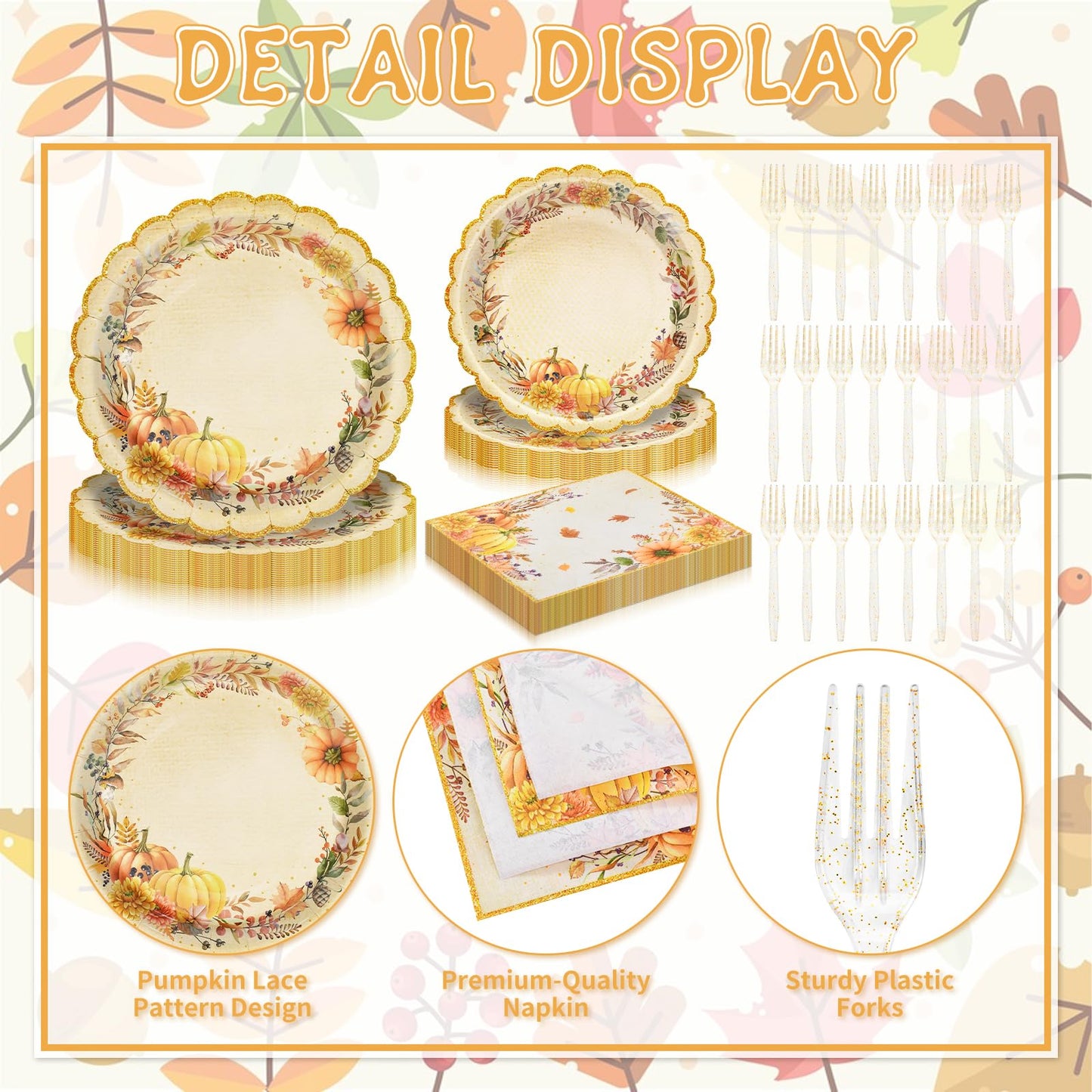 96 Pieces Fall Pumpkin Tableware Set Party Supplies - Scalloped Edge Disposable Paper Plates, Napkins, and Forks, Autumn Floral Design