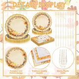 96 Pieces Fall Pumpkin Tableware Set Party Supplies - Scalloped Edge Disposable Paper Plates, Napkins, and Forks, Autumn Floral Design