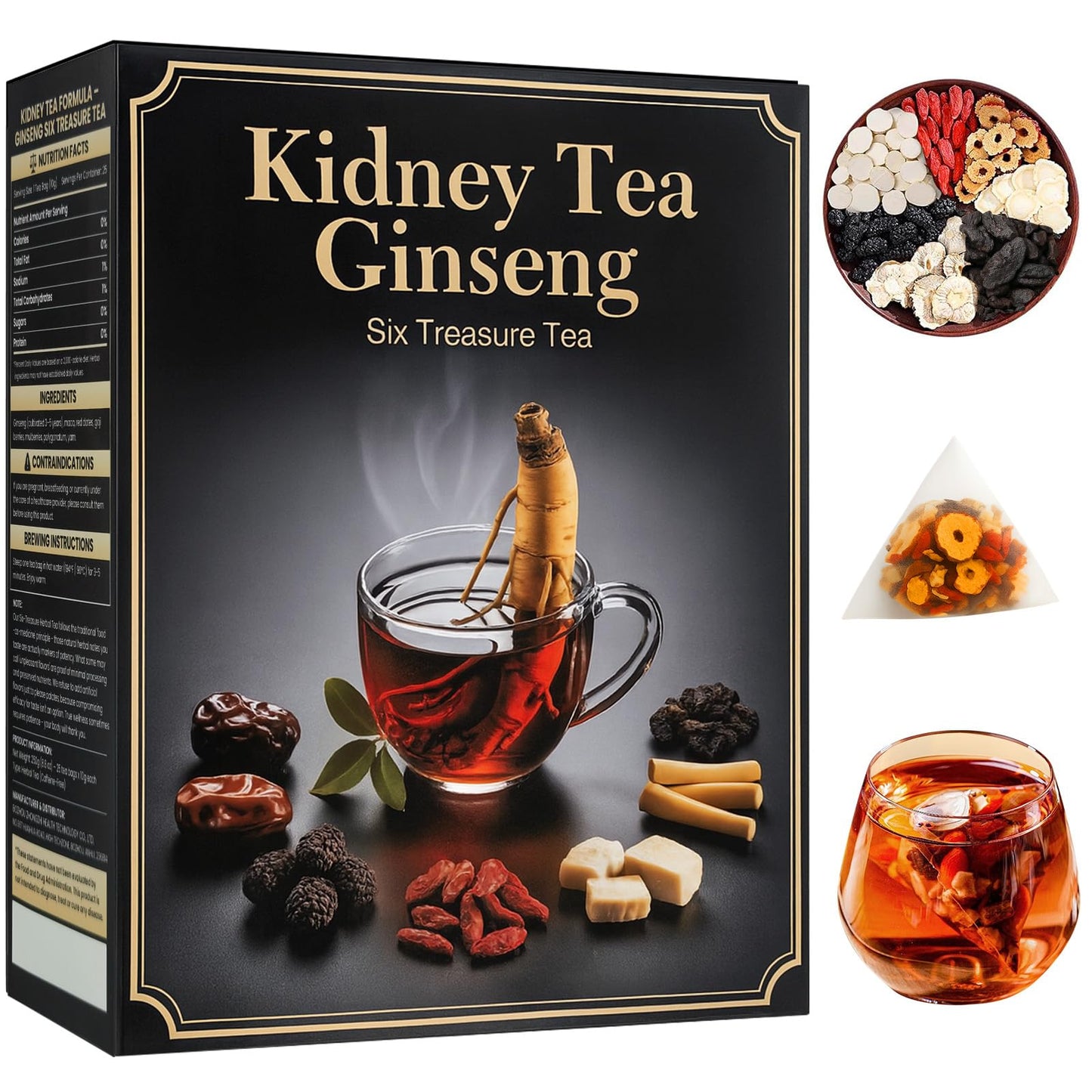 Ginseng Six Treasure Tea - Kidney Tea Formula for Men & Women, Traditional Organic Herbal Ginseng Tea Bags with 7 Natural Ingredients, Premium Gift
