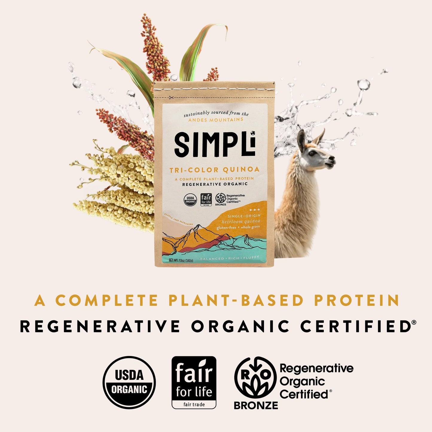 SIMPLi Regenerative Organic Certified Tri-Color Quinoa, Ancient Grain, Complete Plant-Based Protein, Naturally Gluten-Free, Organic Quinoa, 12 oz